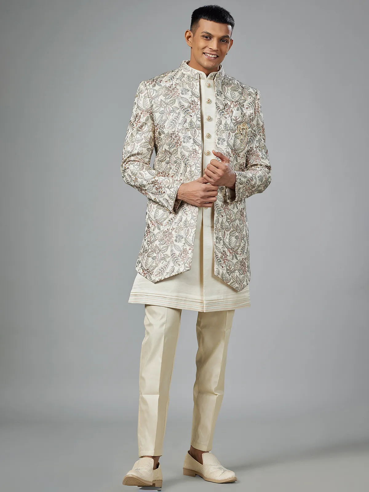 Cream embroidery silk indowestern