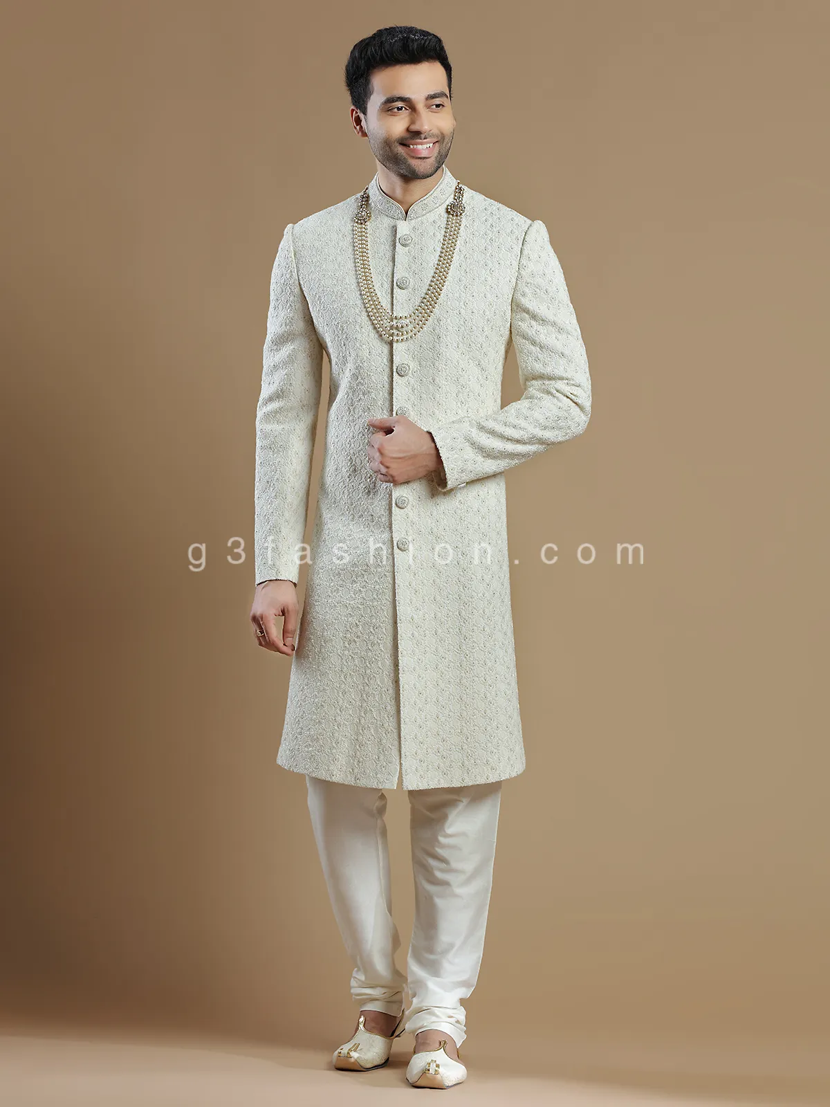 Cream fabulous raw silk groom wear sherwani
