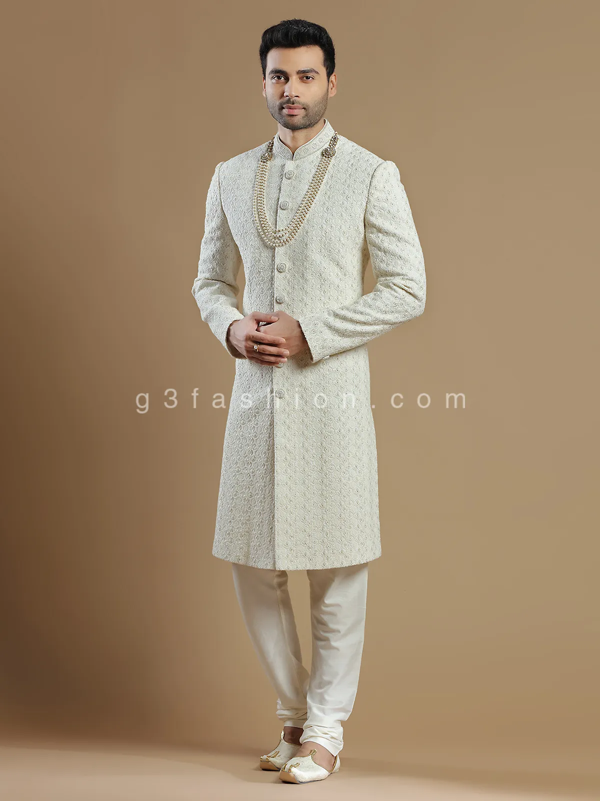 Cream fabulous raw silk groom wear sherwani