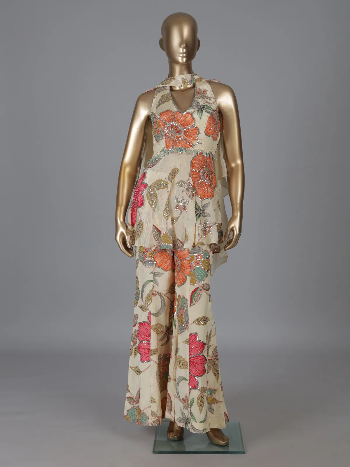 Cream floral sharara suit with mirror work