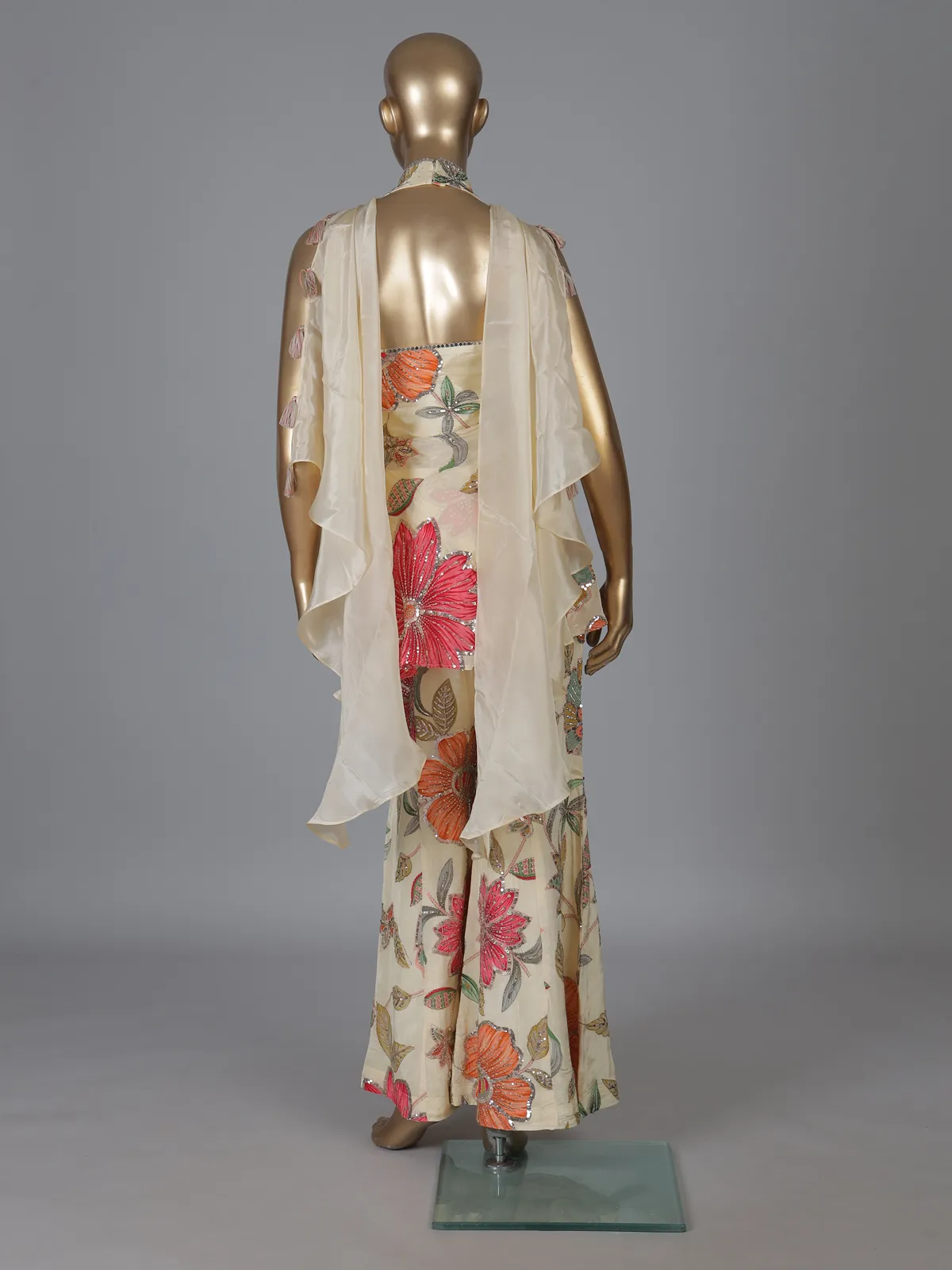 Cream floral sharara suit with mirror work