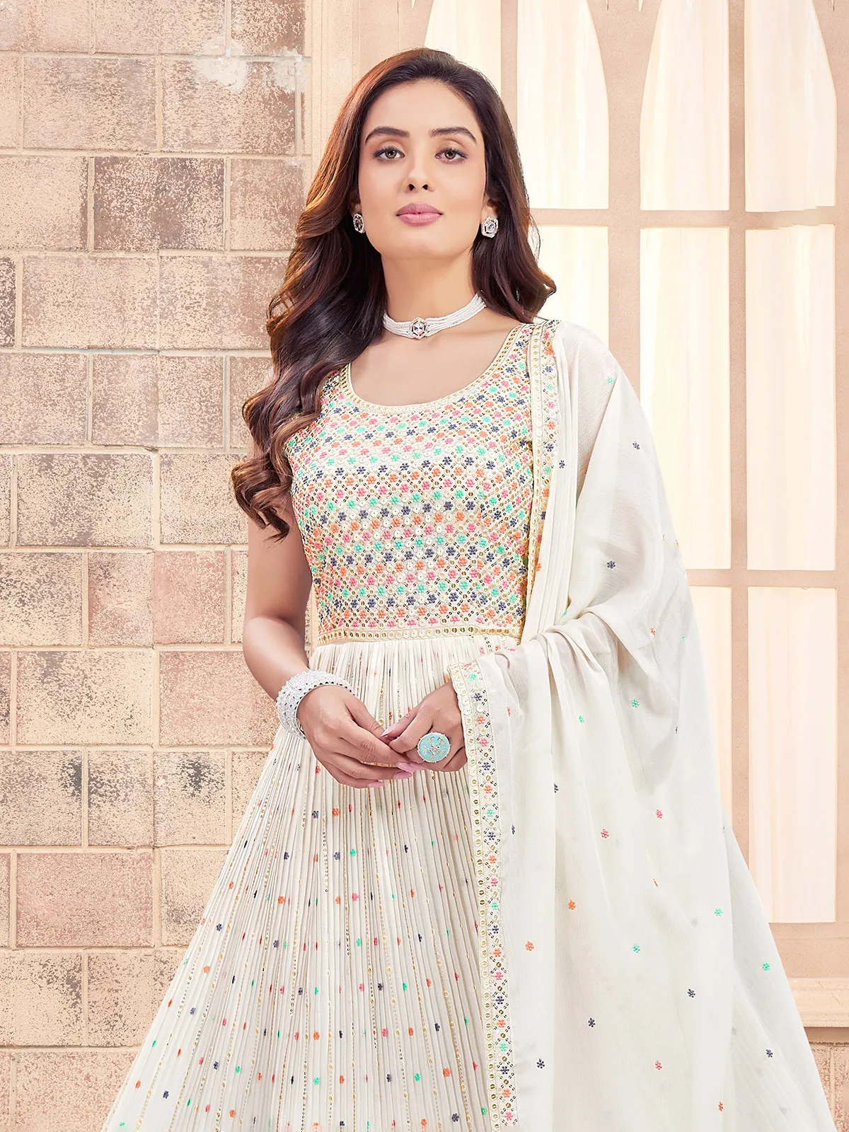 Cream georgette embroidery anarkali suit