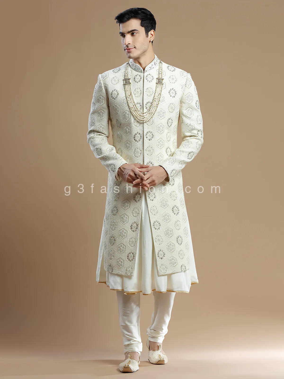 Cream georgette groom wear sherwani