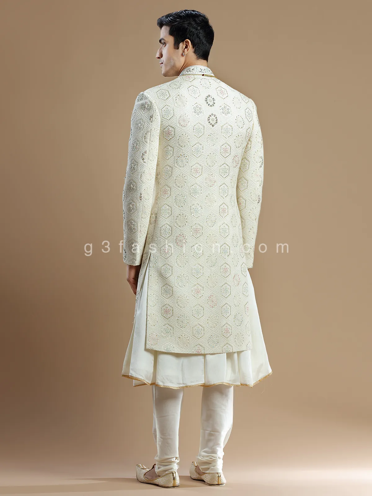 Cream georgette groom wear sherwani