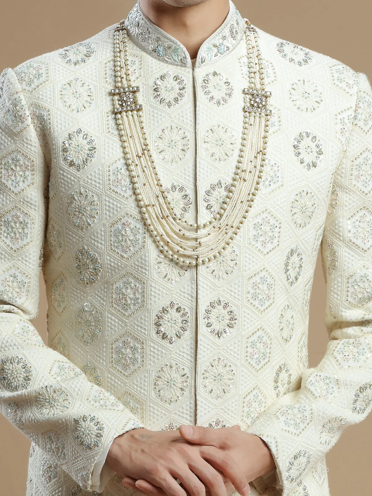 Cream georgette groom wear sherwani