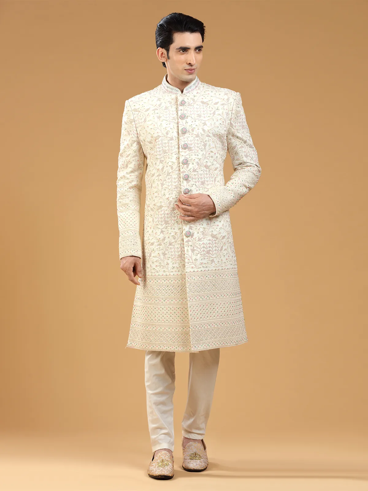 Cream georgette groom sherwani