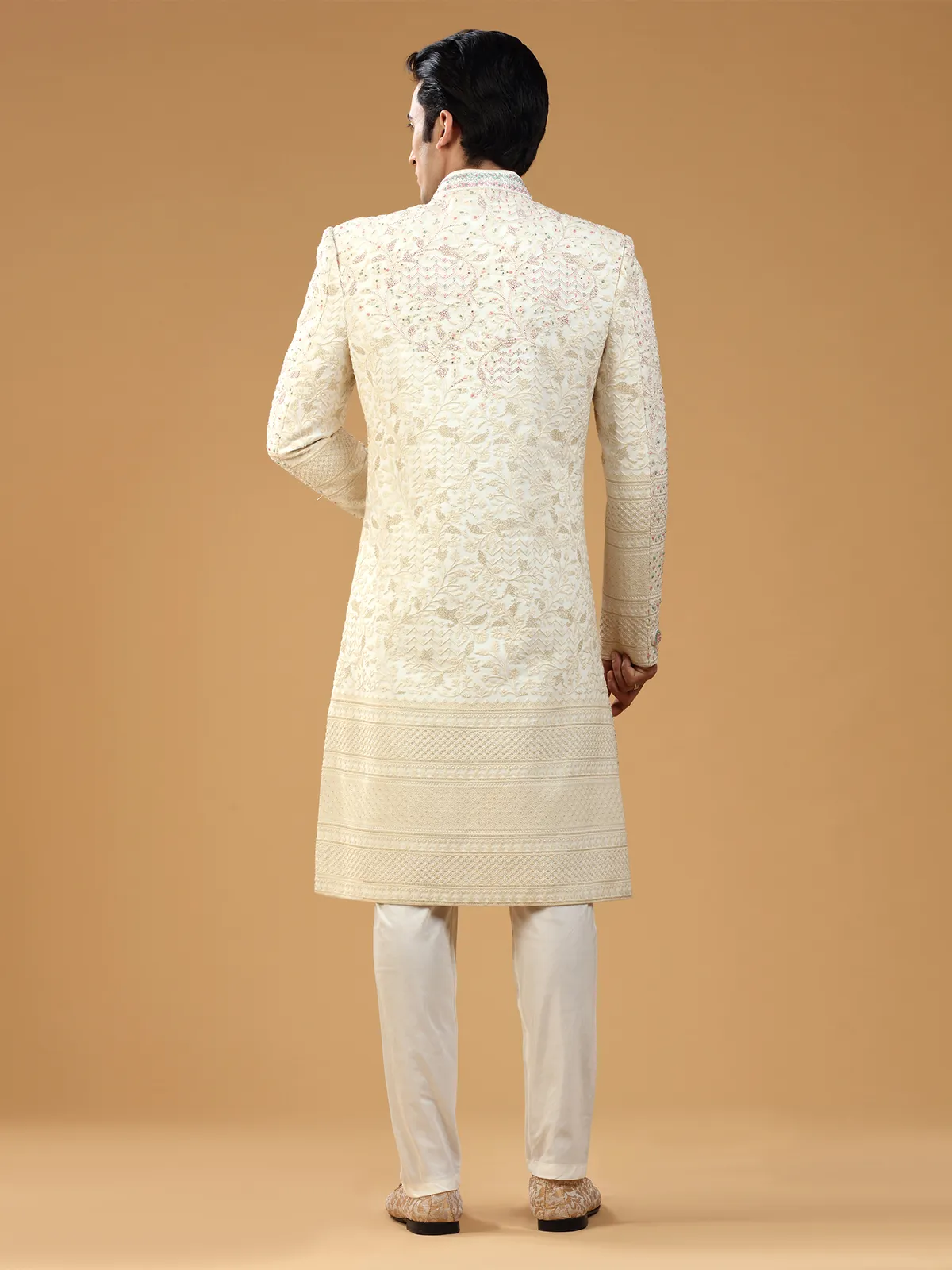 Cream georgette groom sherwani