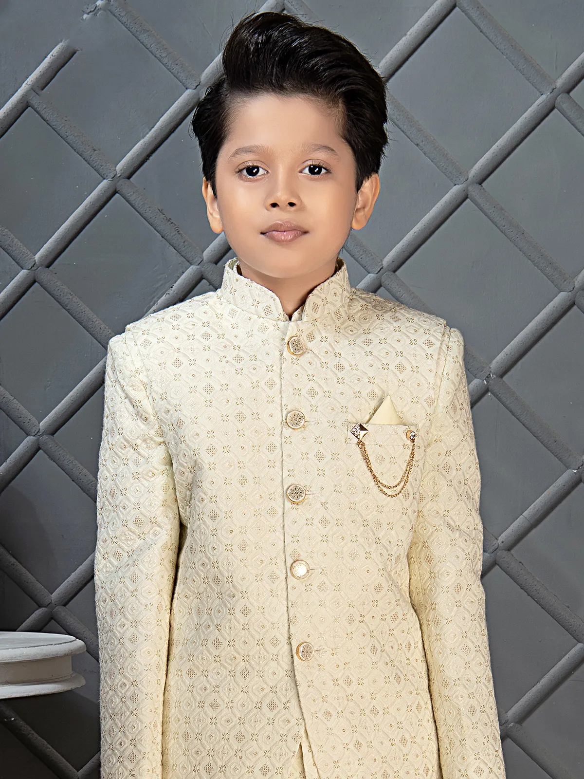 Cream georgette wedding wear boys indowestern