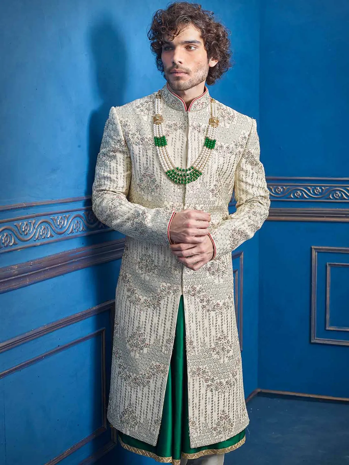 Cream groom sherwani in raw silk