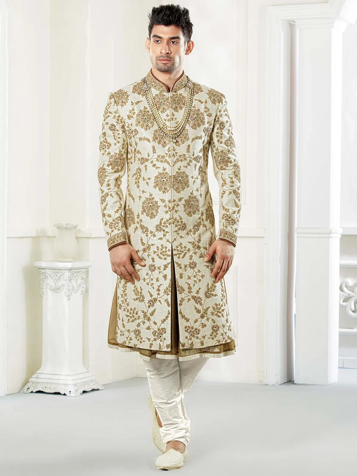 Cream groom wear raw silk fabric sherwani