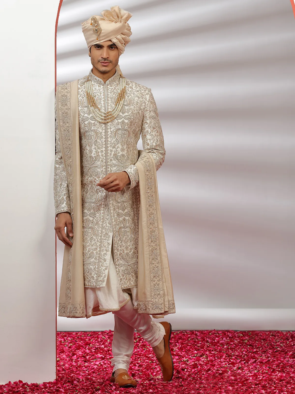 Cream groom wear sherwani in raw silk