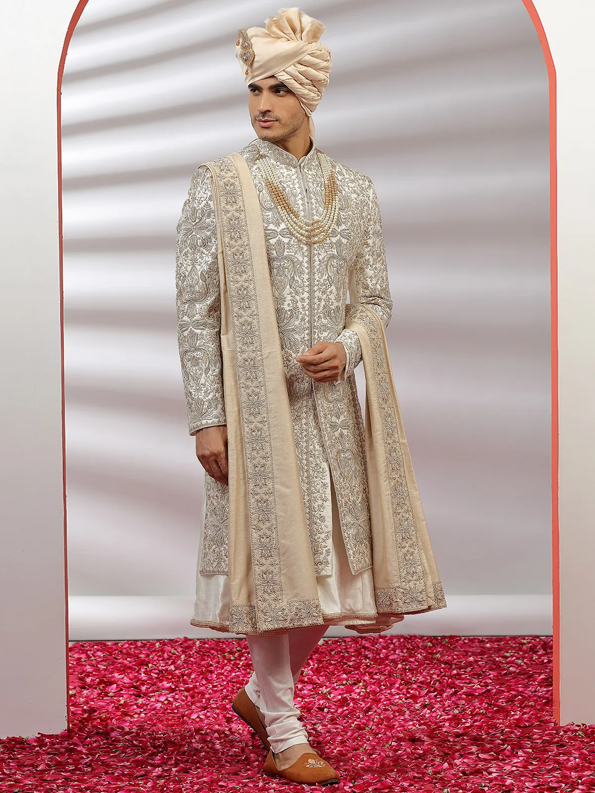Cream groom wear sherwani in raw silk