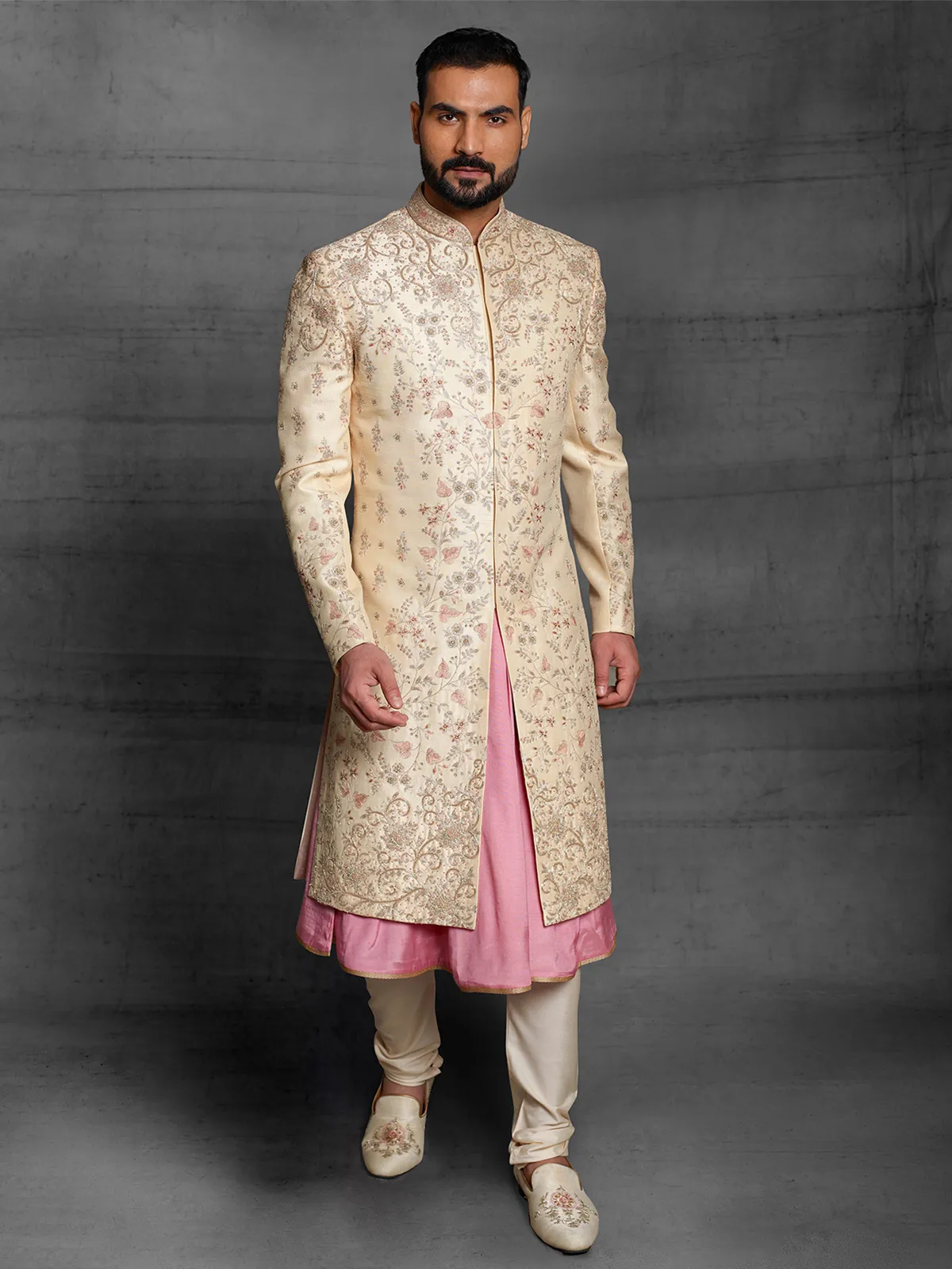 Cream hue silk sherwani set