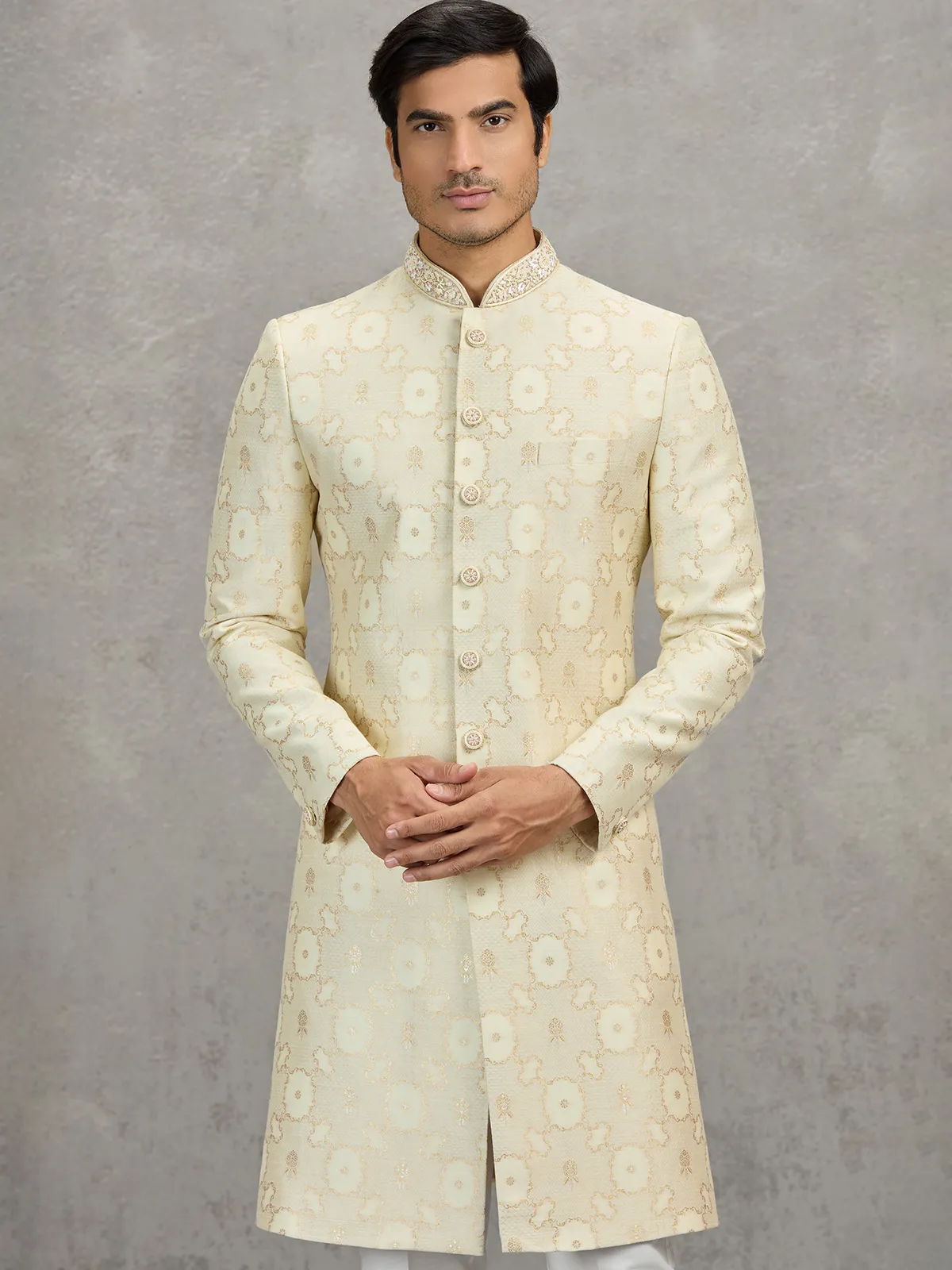 Cream jacquard zari worked indowestern set for weddings