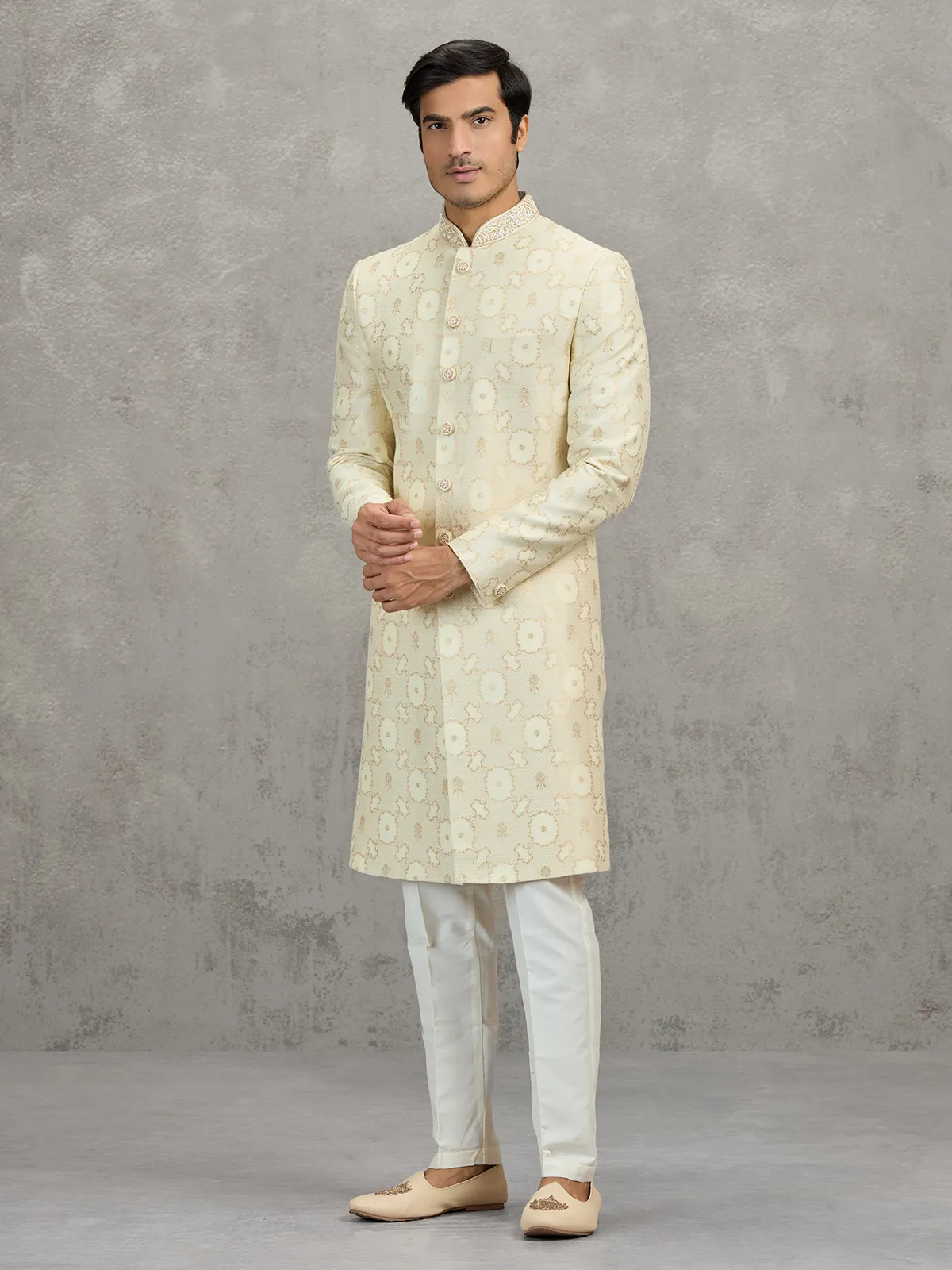 Cream jacquard zari worked indowestern set for weddings