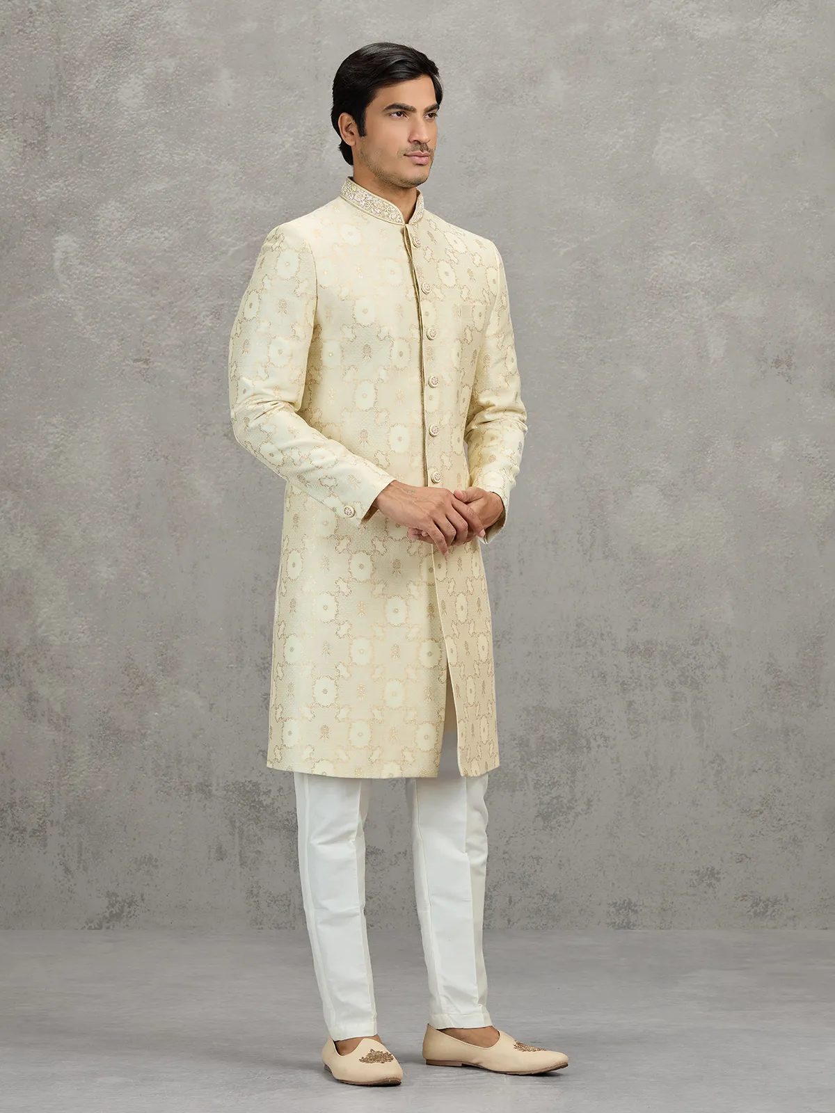 Cream jacquard zari worked indowestern set for weddings
