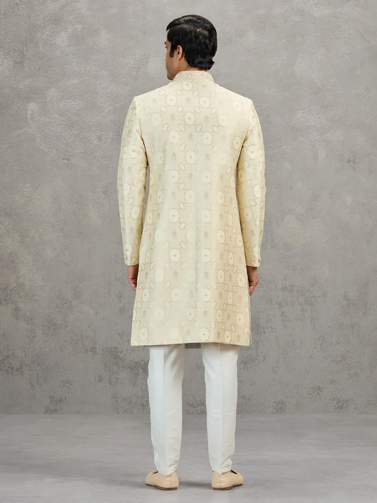 Cream jacquard zari worked indowestern set for weddings