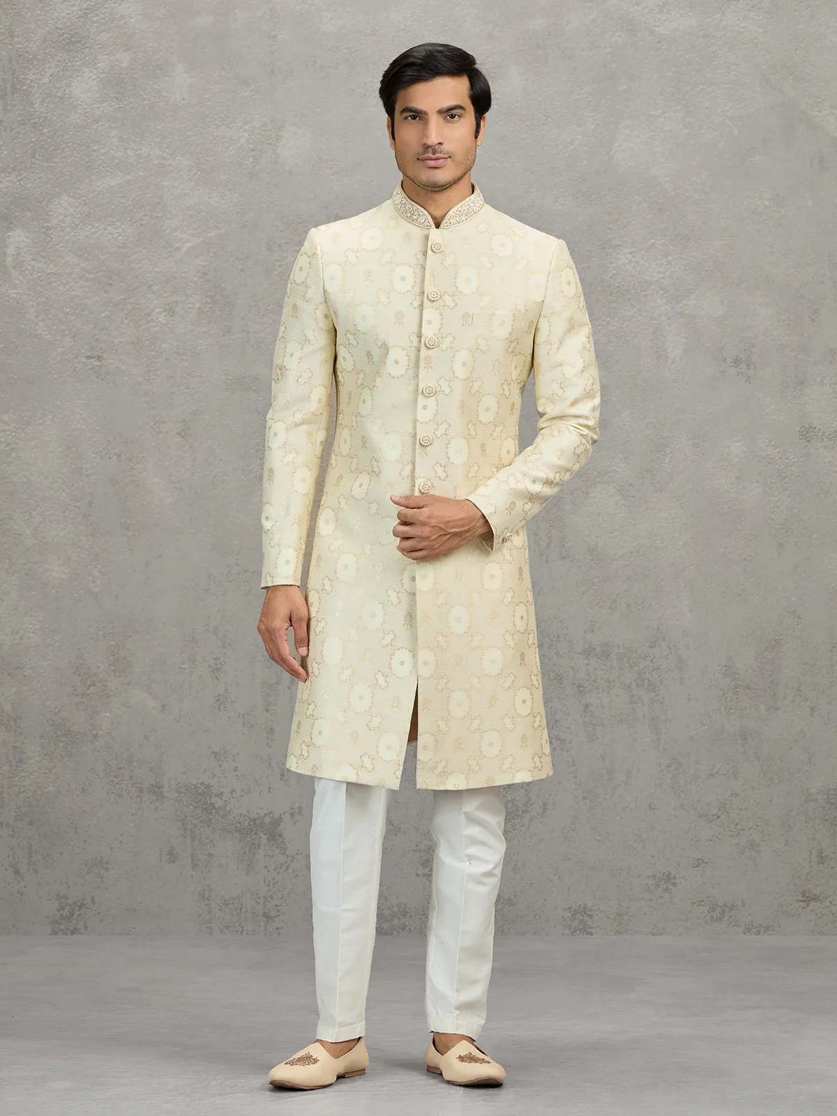 Cream jacquard zari worked indowestern set for weddings