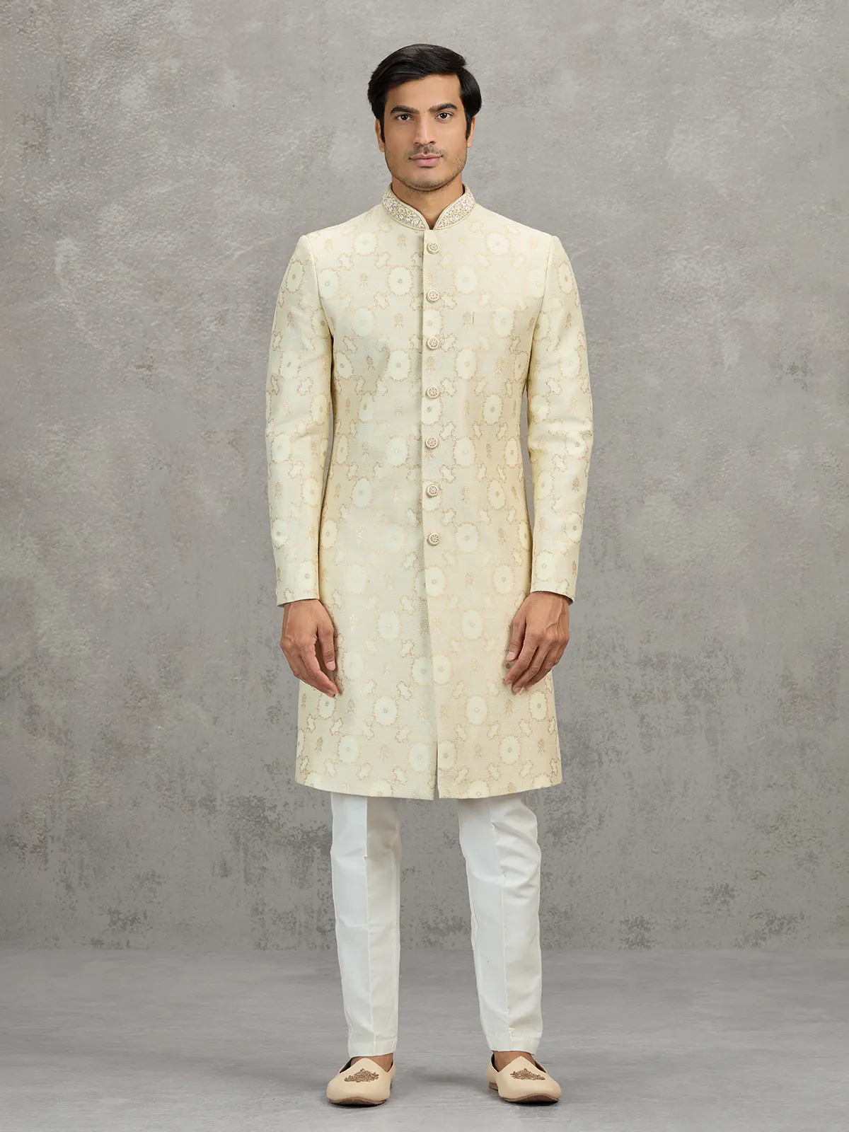 Cream jacquard zari worked indowestern set for weddings