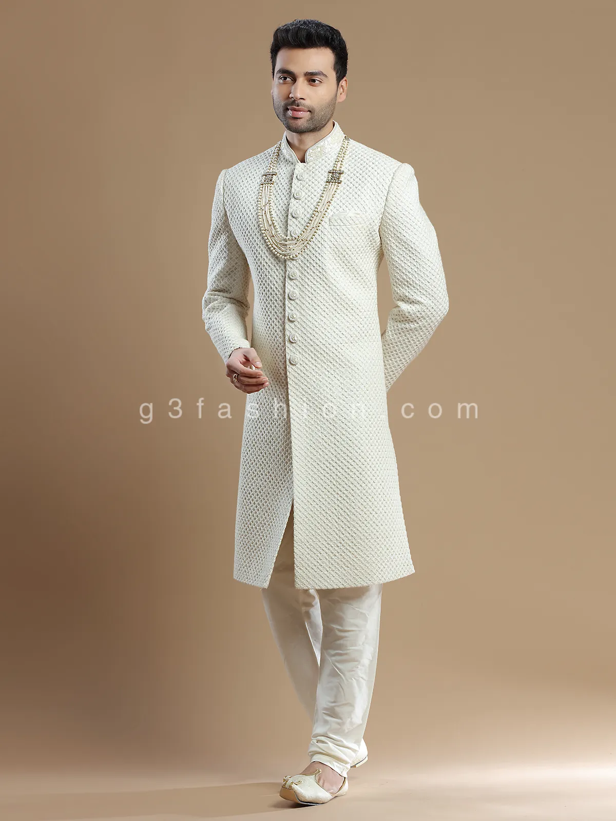 Cream lavish groom wear sherwani in silk