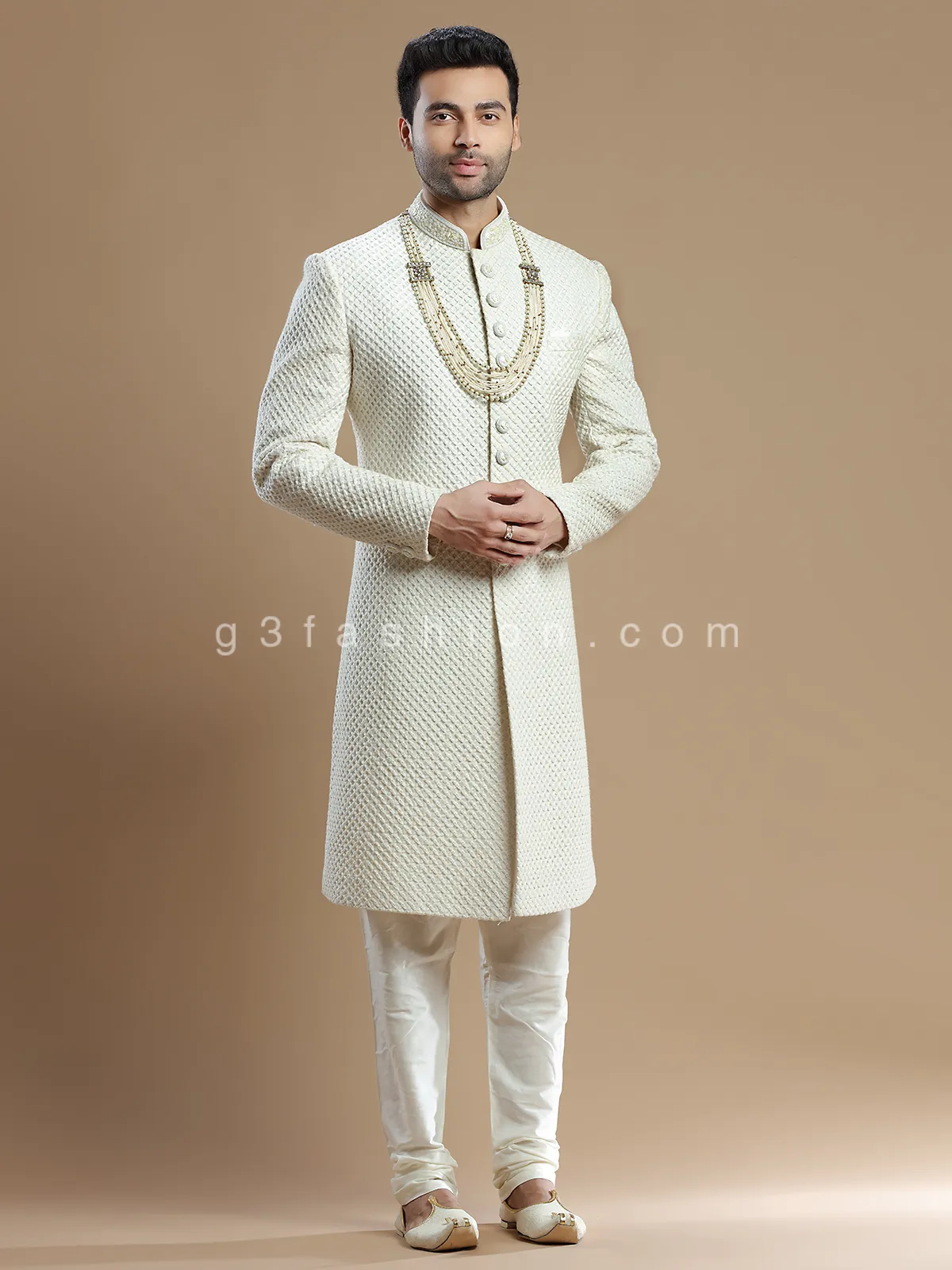 Cream lavish groom wear sherwani in silk