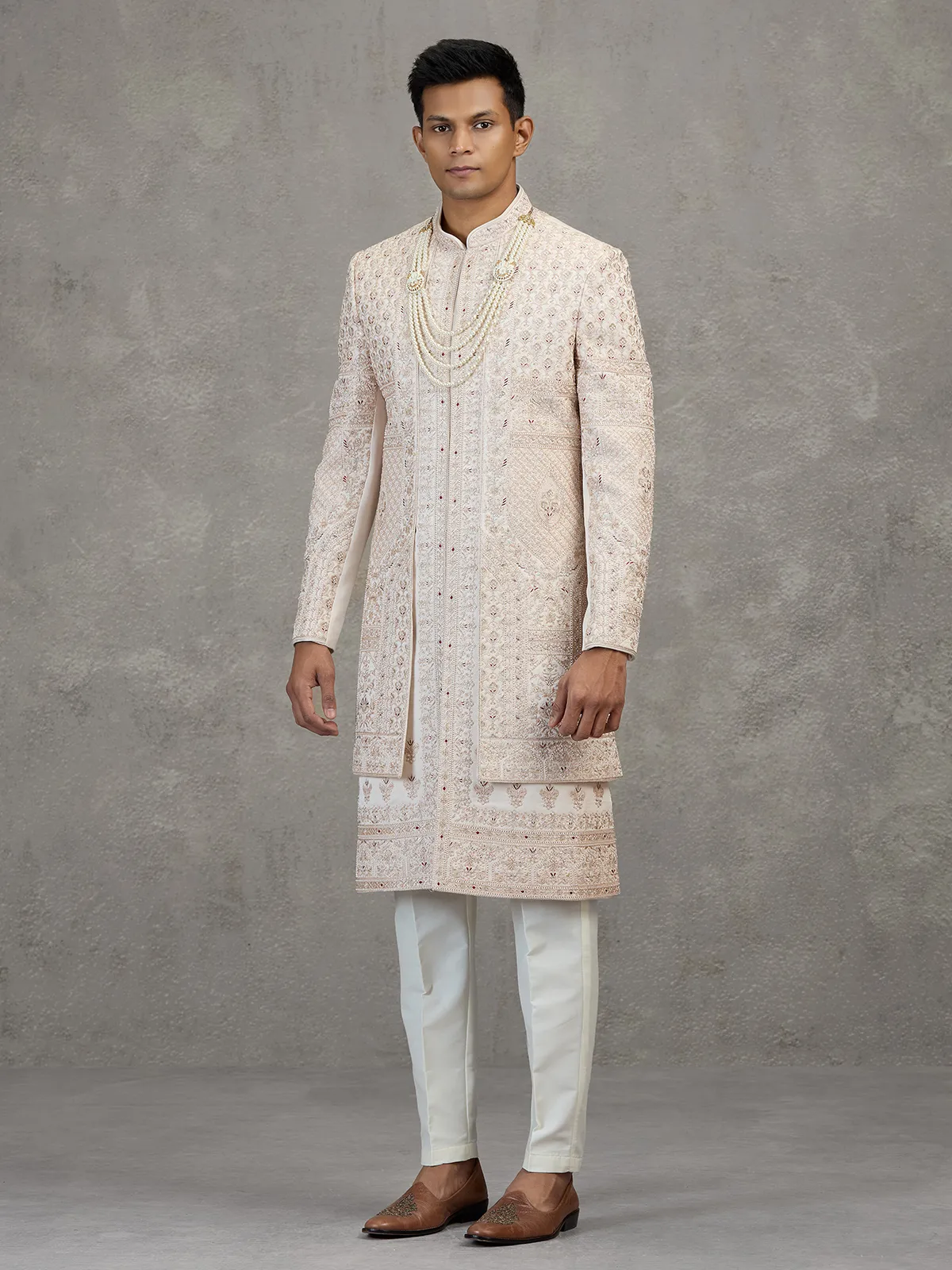 Cream layered satin silk sherwani for mens