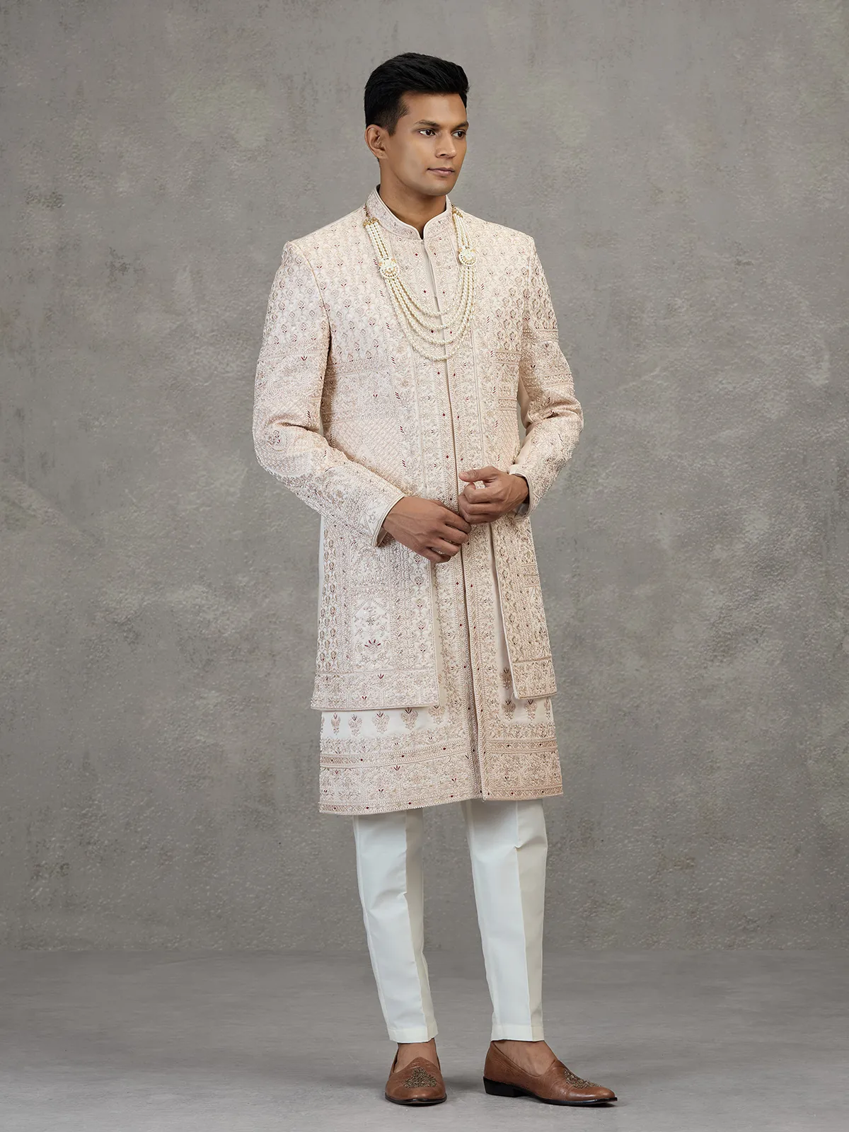 Cream layered satin silk sherwani for mens