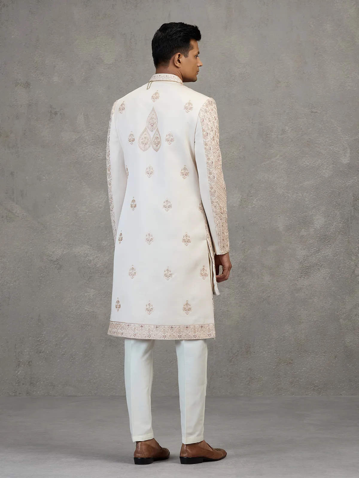 Cream layered satin silk sherwani for mens