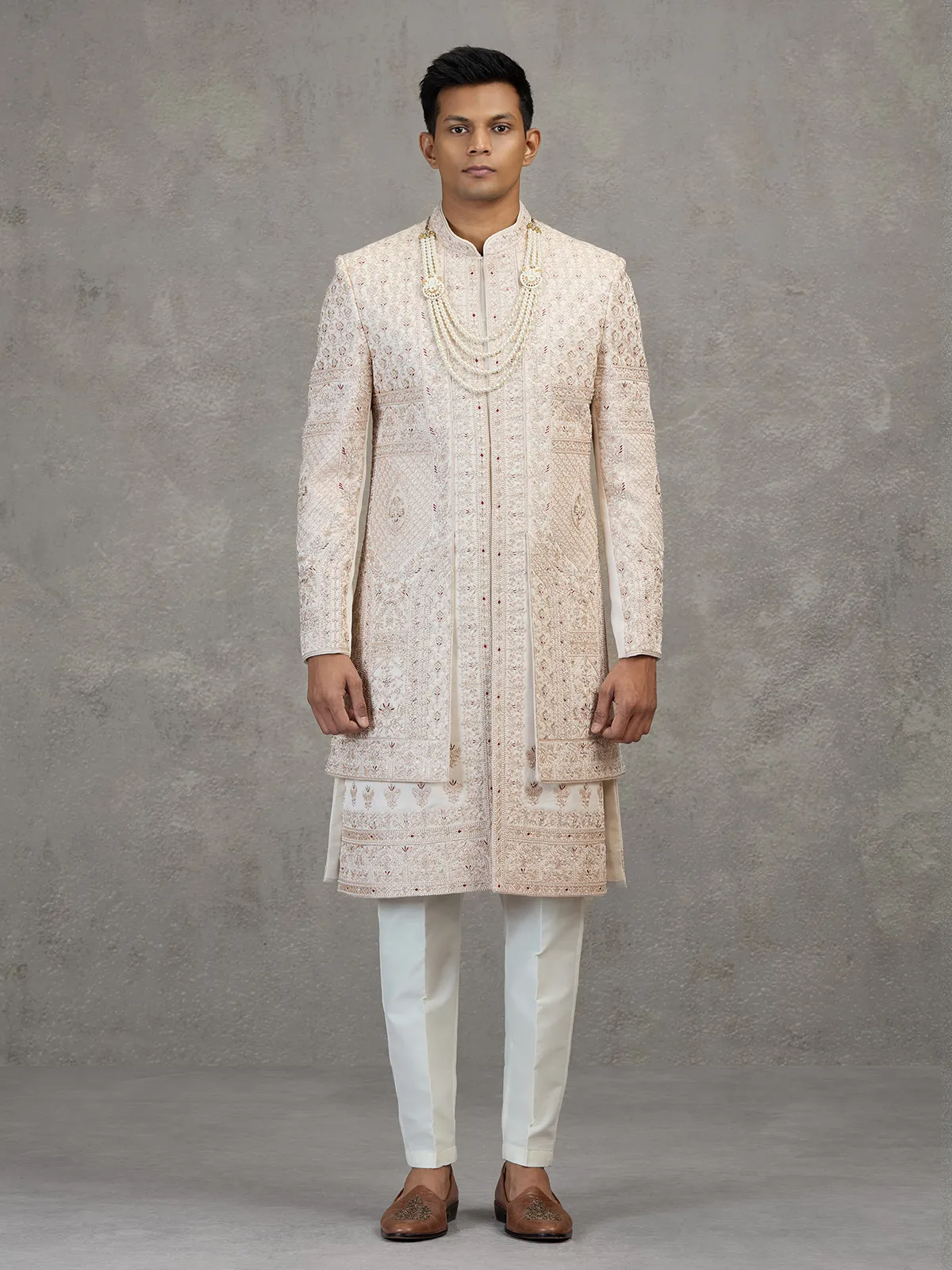 Cream layered satin silk sherwani for mens