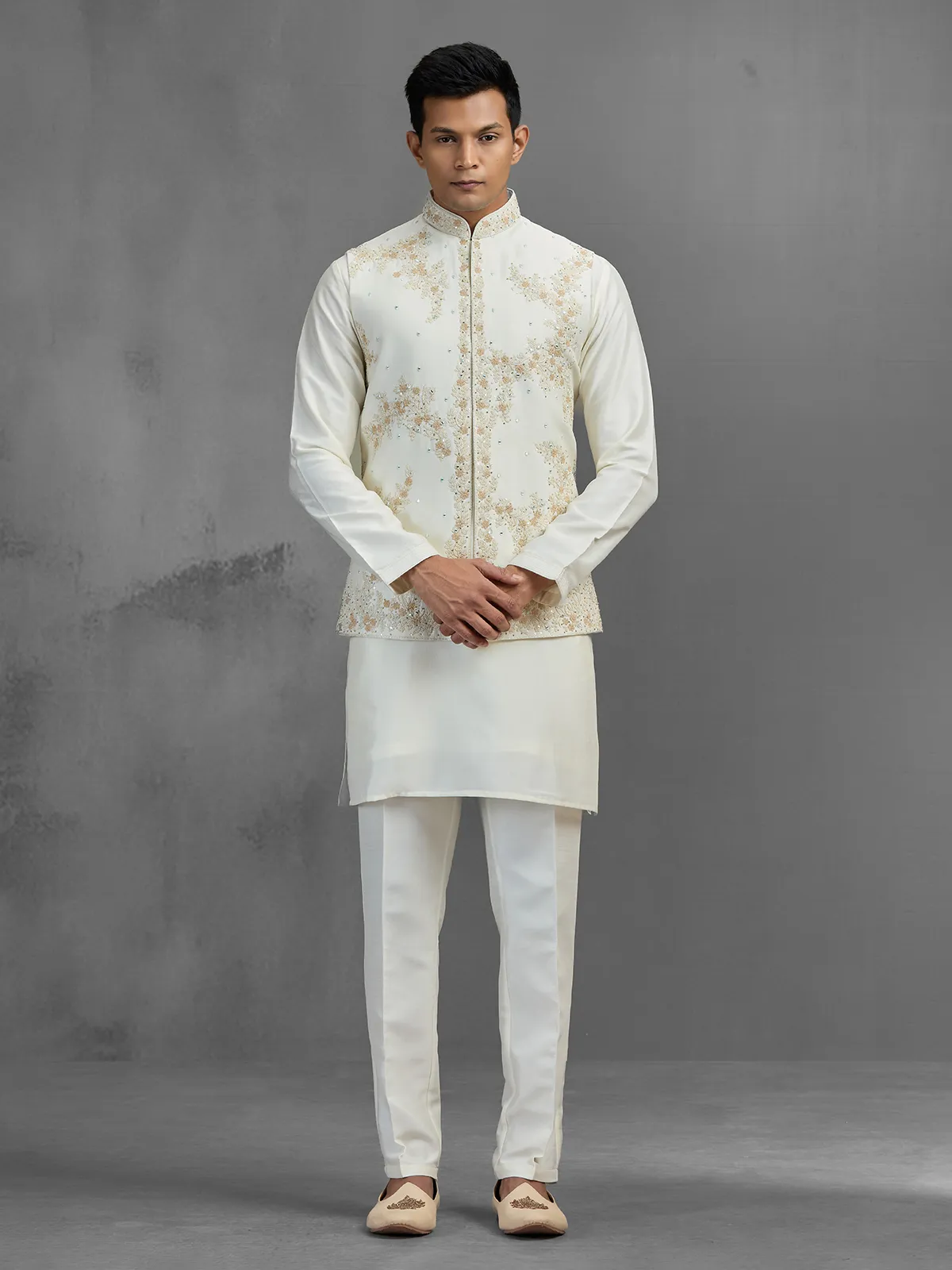 Cream linen aabla embroidered festive waistcoat set for men