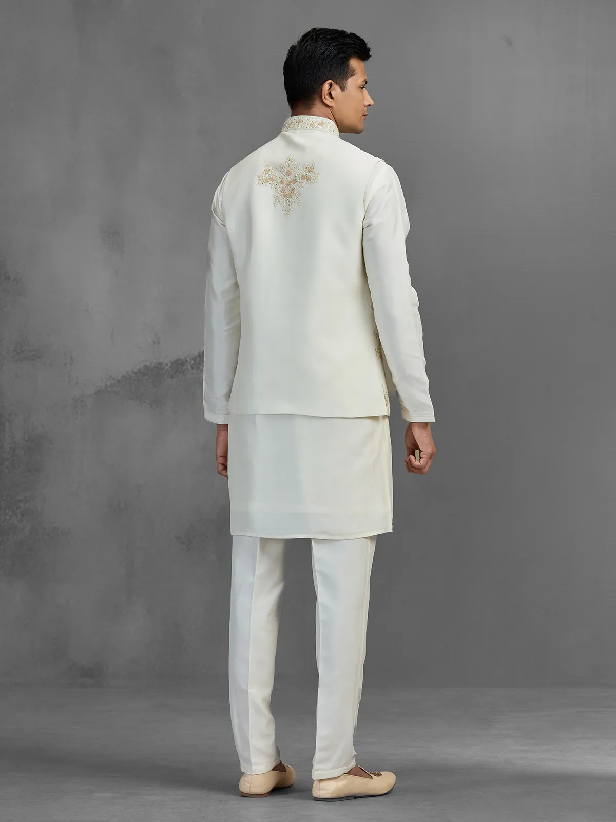 Cream linen aabla embroidered festive waistcoat set for men