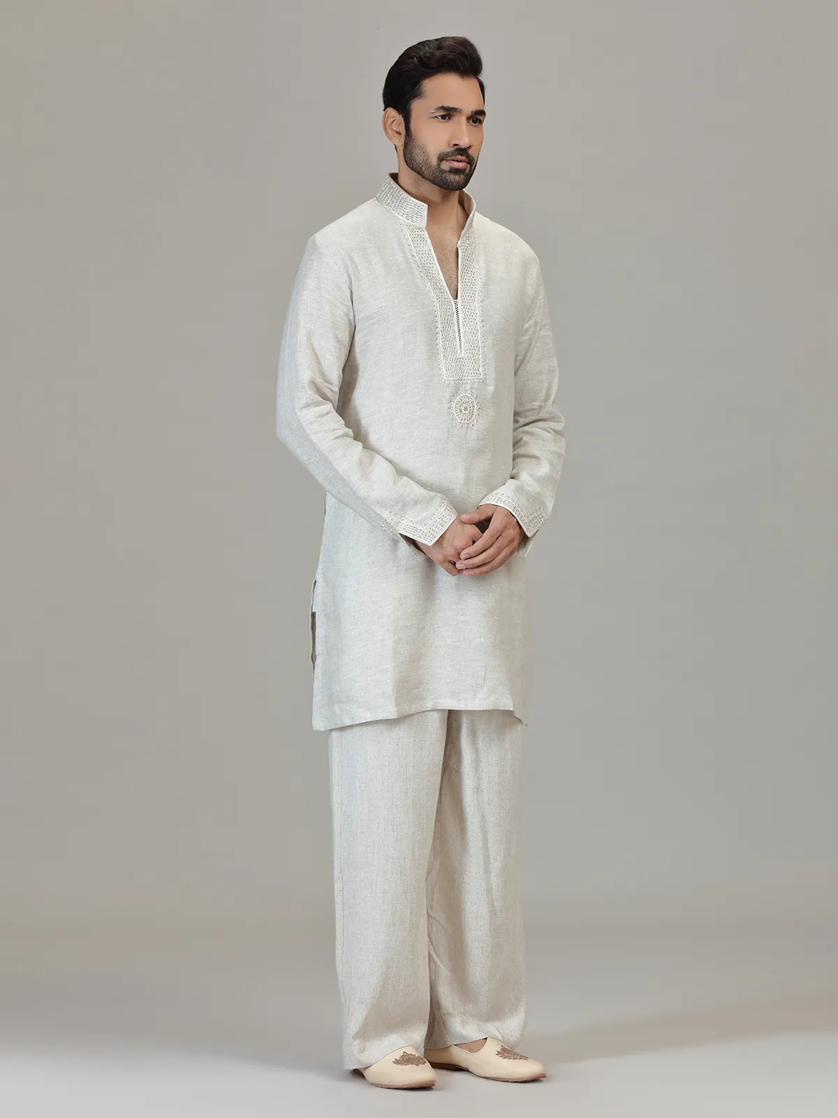 Cream linen resham embellished festive kurta ensemble