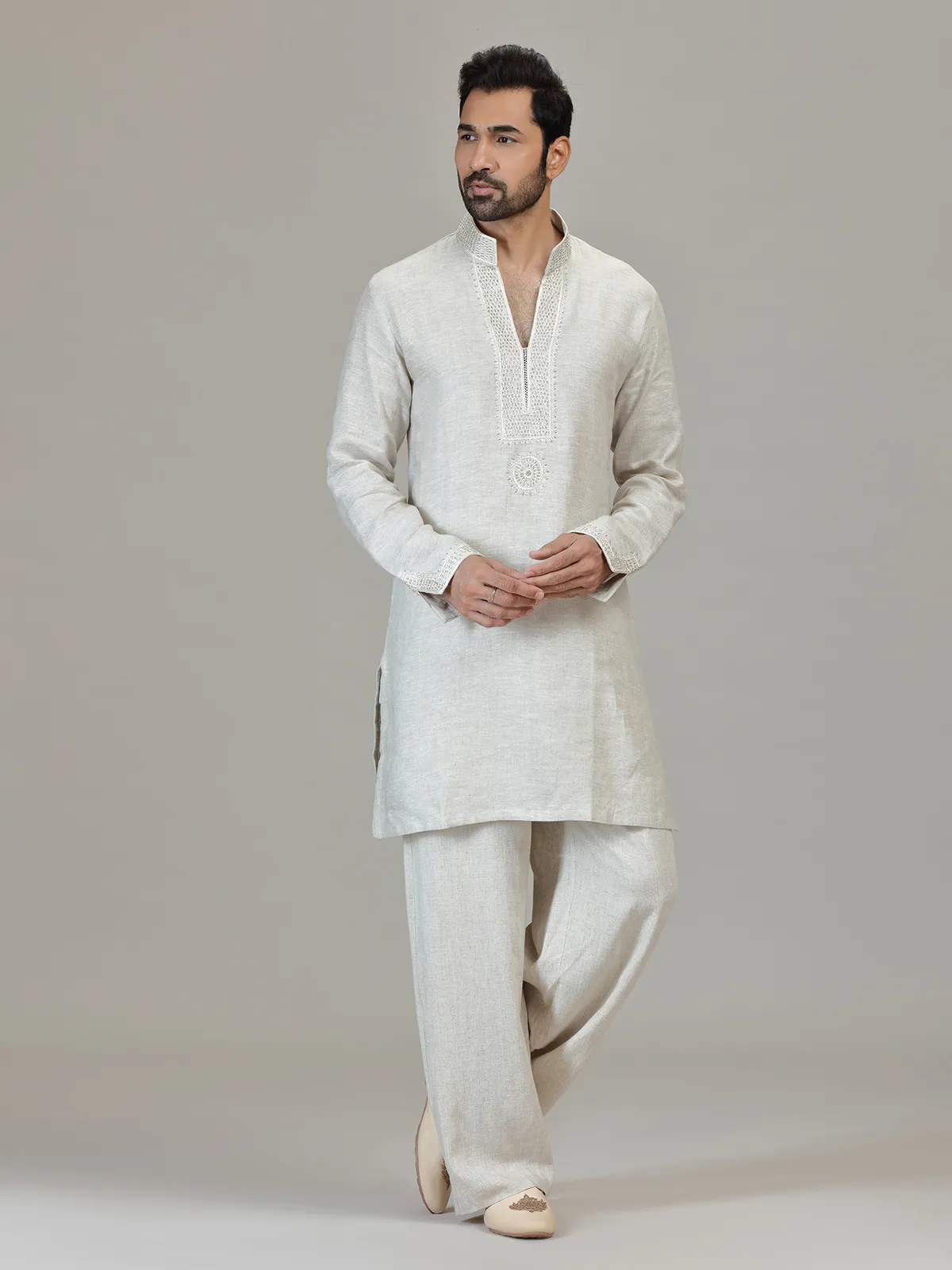 Cream linen resham embellished festive kurta ensemble