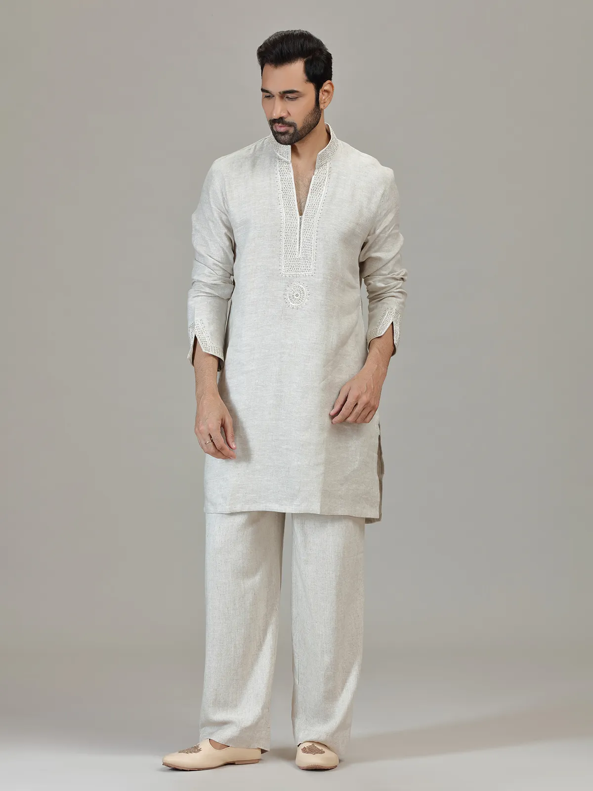 Cream linen resham embellished festive kurta ensemble