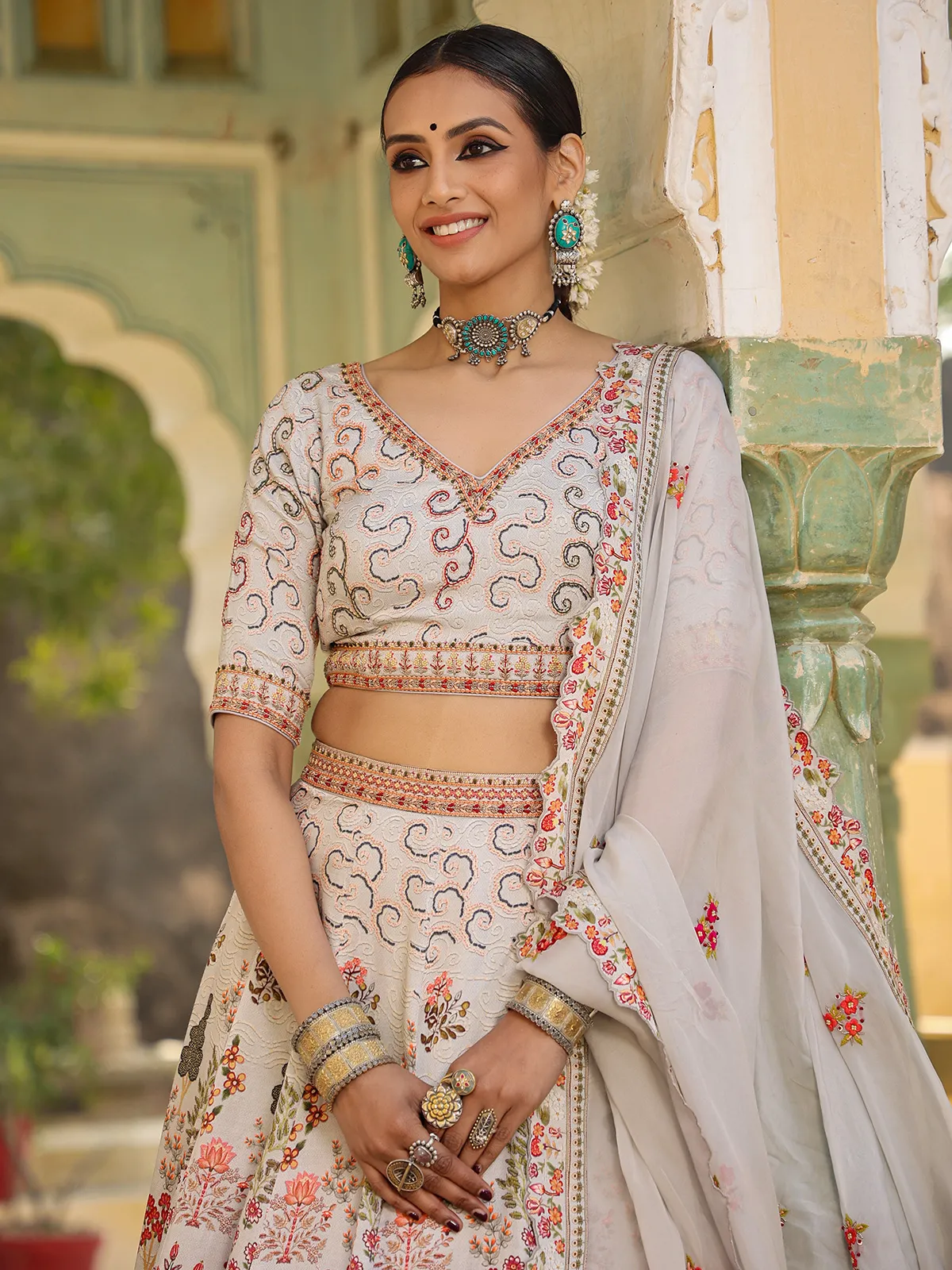 Cream linen satin lehenga choli with dupatta