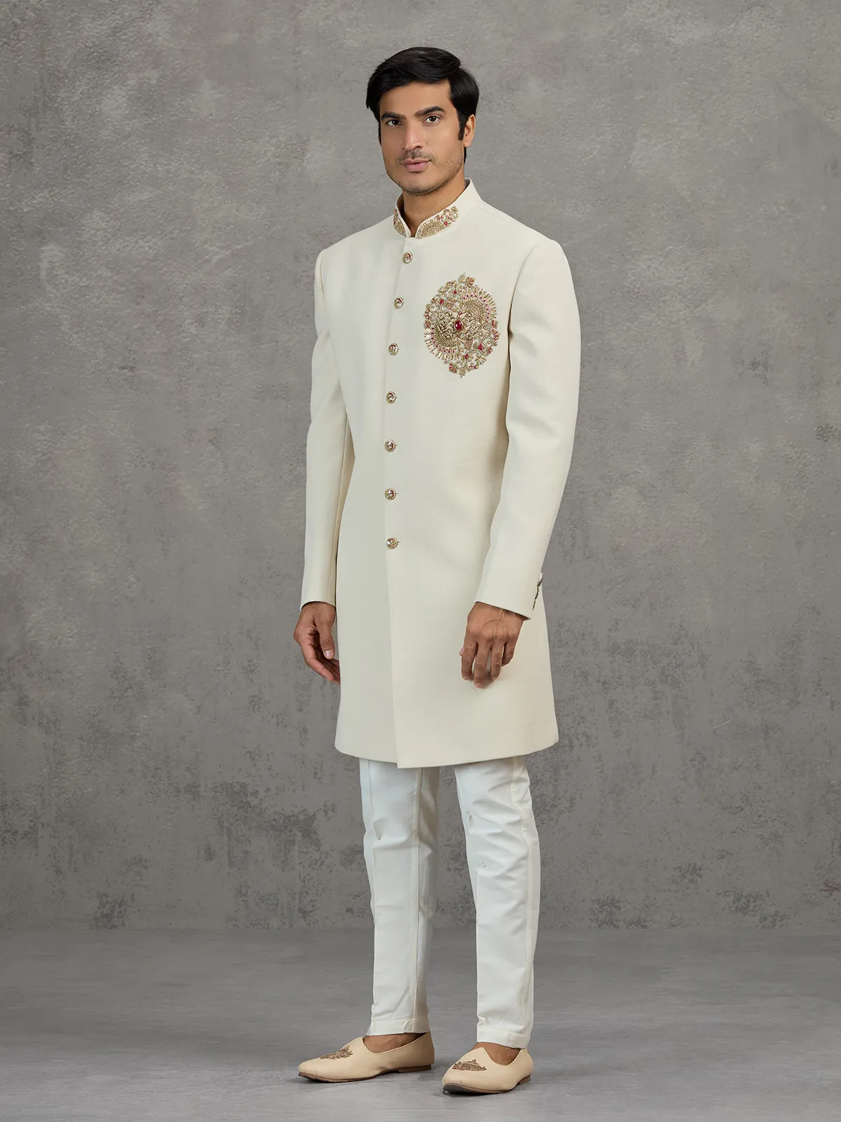 Cream linen viscose indowestern set for wedding celebrations