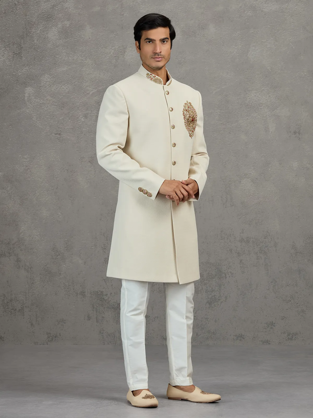 Cream linen viscose indowestern set for wedding celebrations