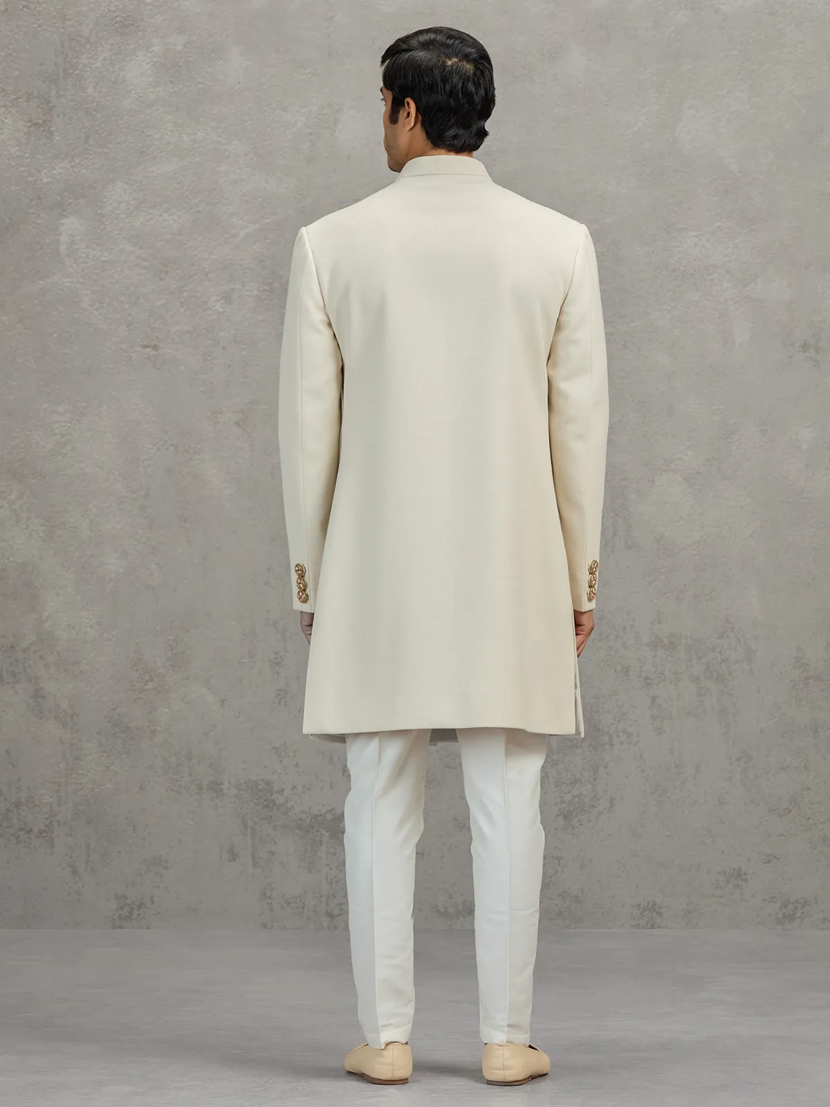 Cream linen viscose indowestern set for wedding celebrations