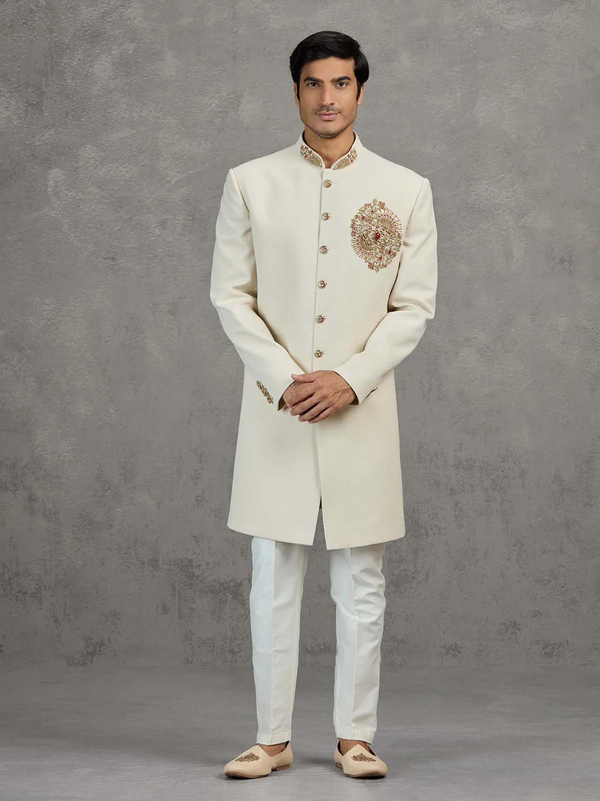 Cream linen viscose indowestern set for wedding celebrations