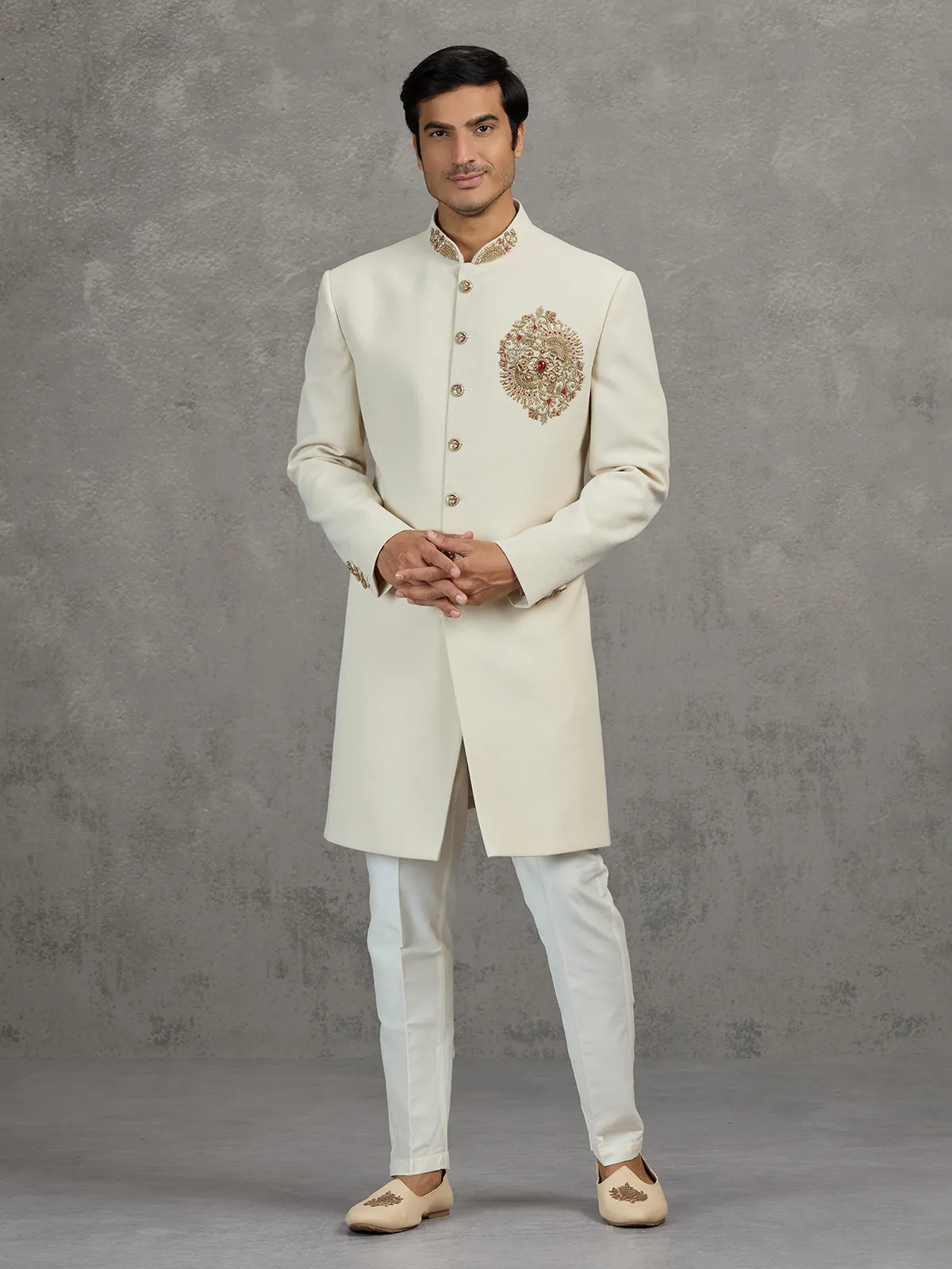 Cream linen viscose indowestern set for wedding celebrations