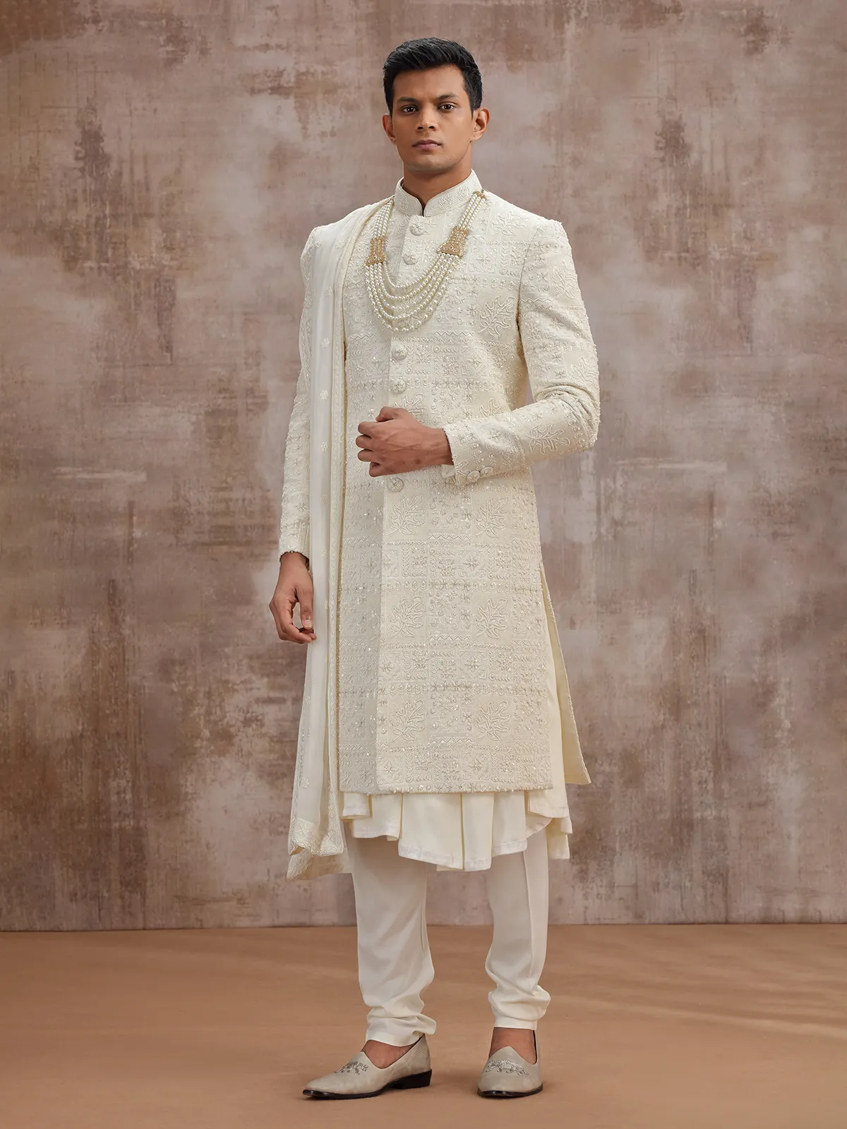 Cream lucknowi georgette peshwai sherwani with dupatta