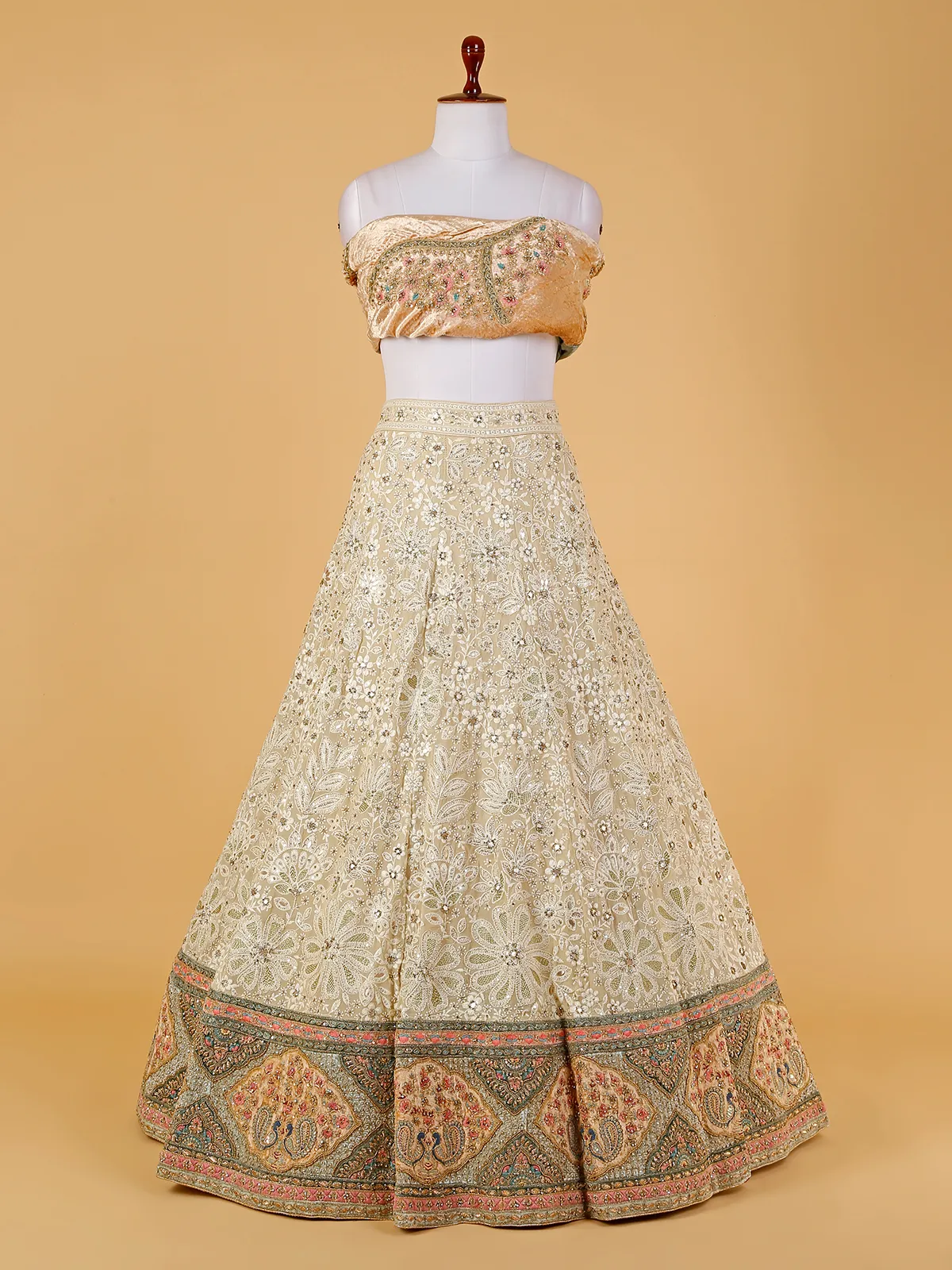 Cream lucknowi unstitched lehenga choli