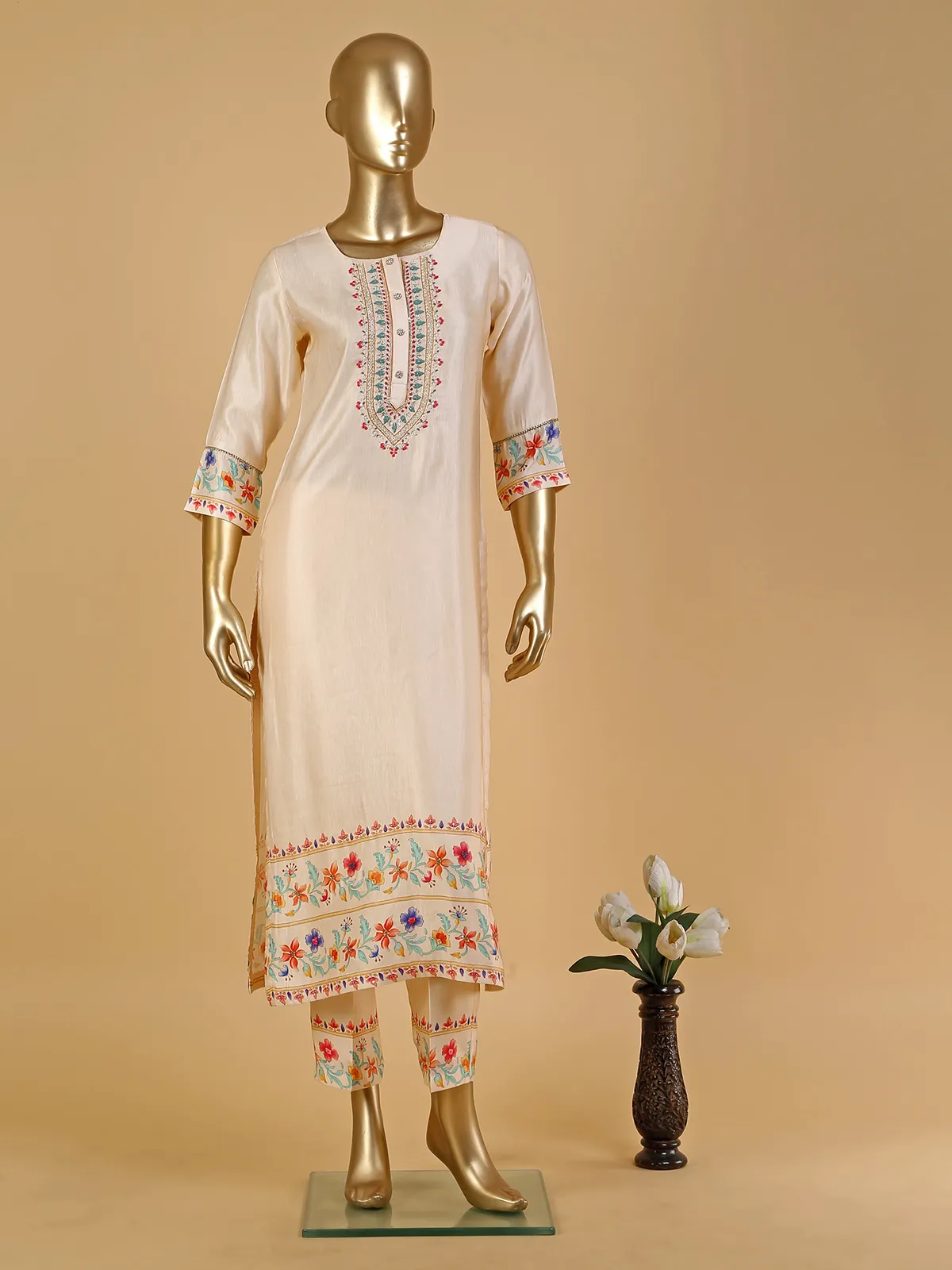 Cream printed silk kurti with pant