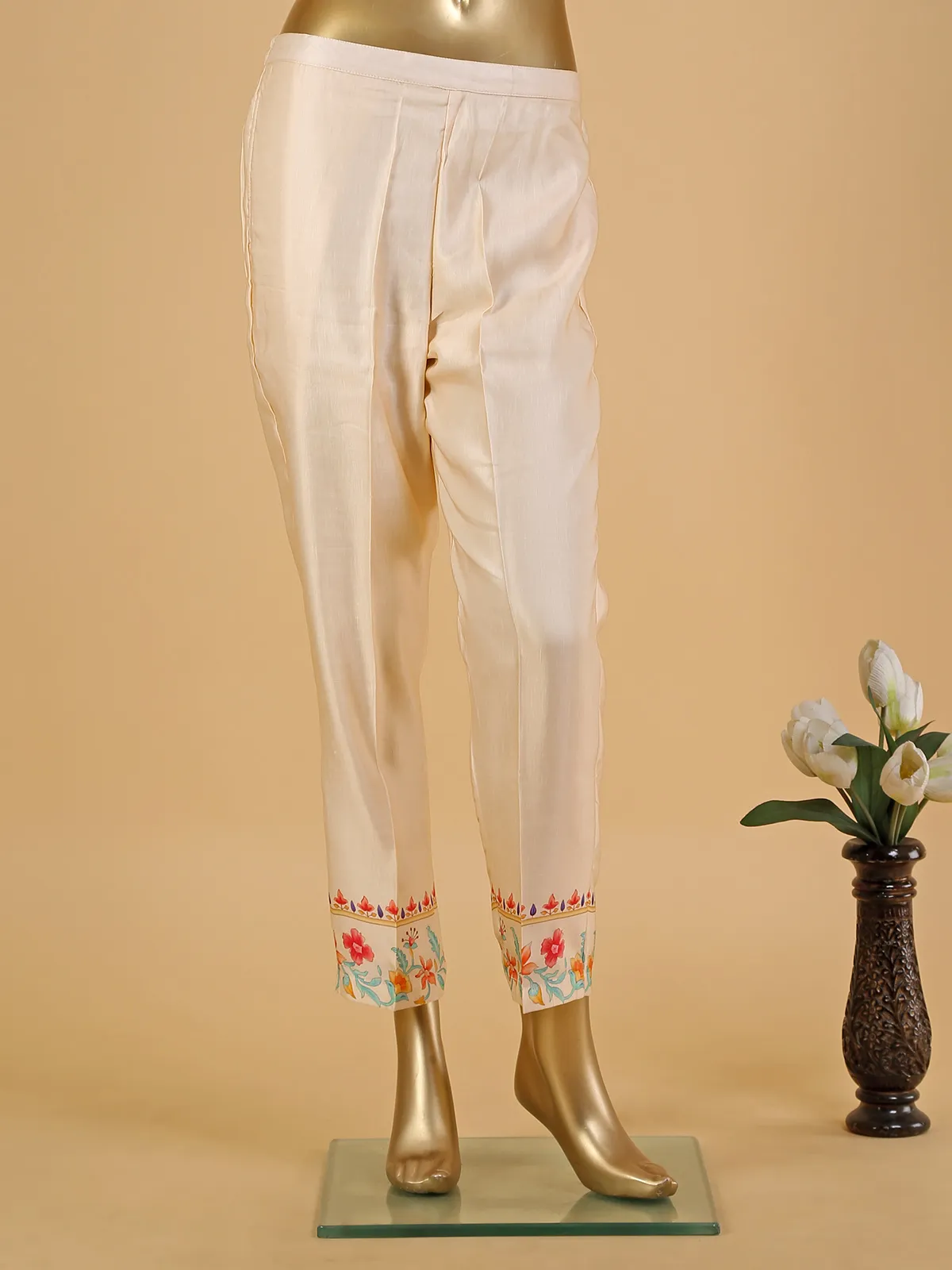 Cream printed silk kurti with pant