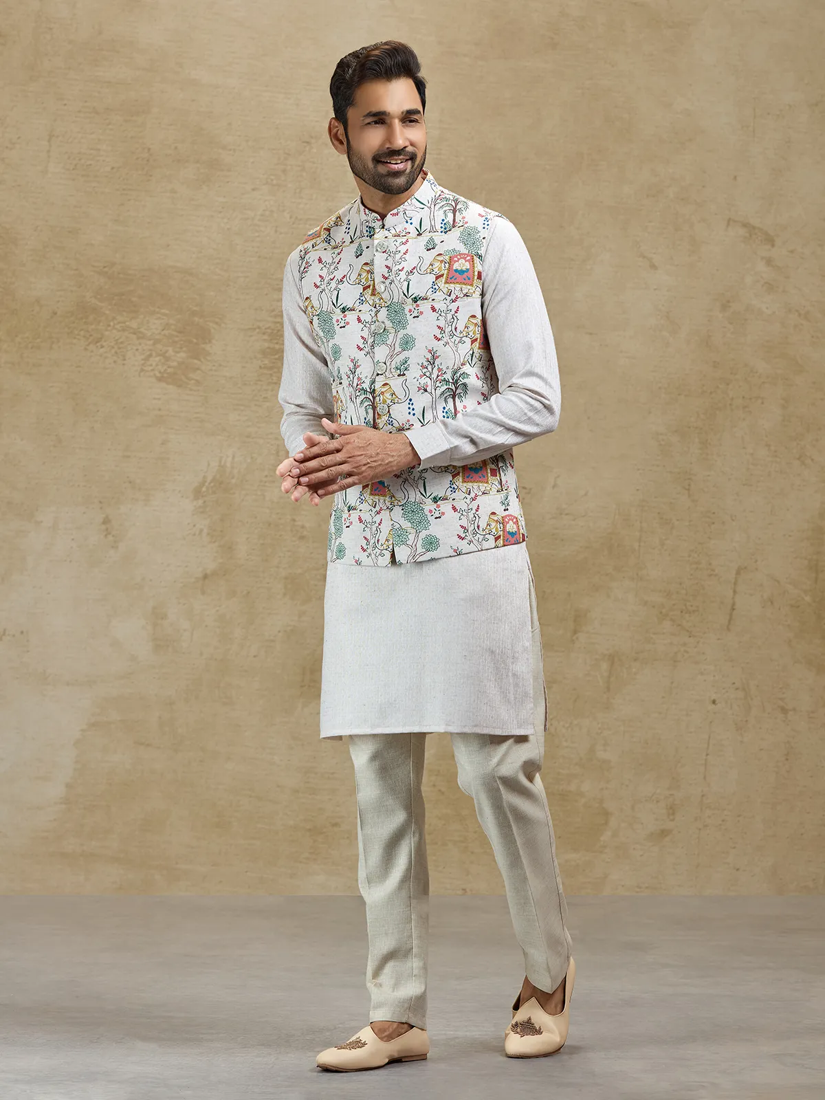 Cream printed silk waistcoat set festive ethnic wear