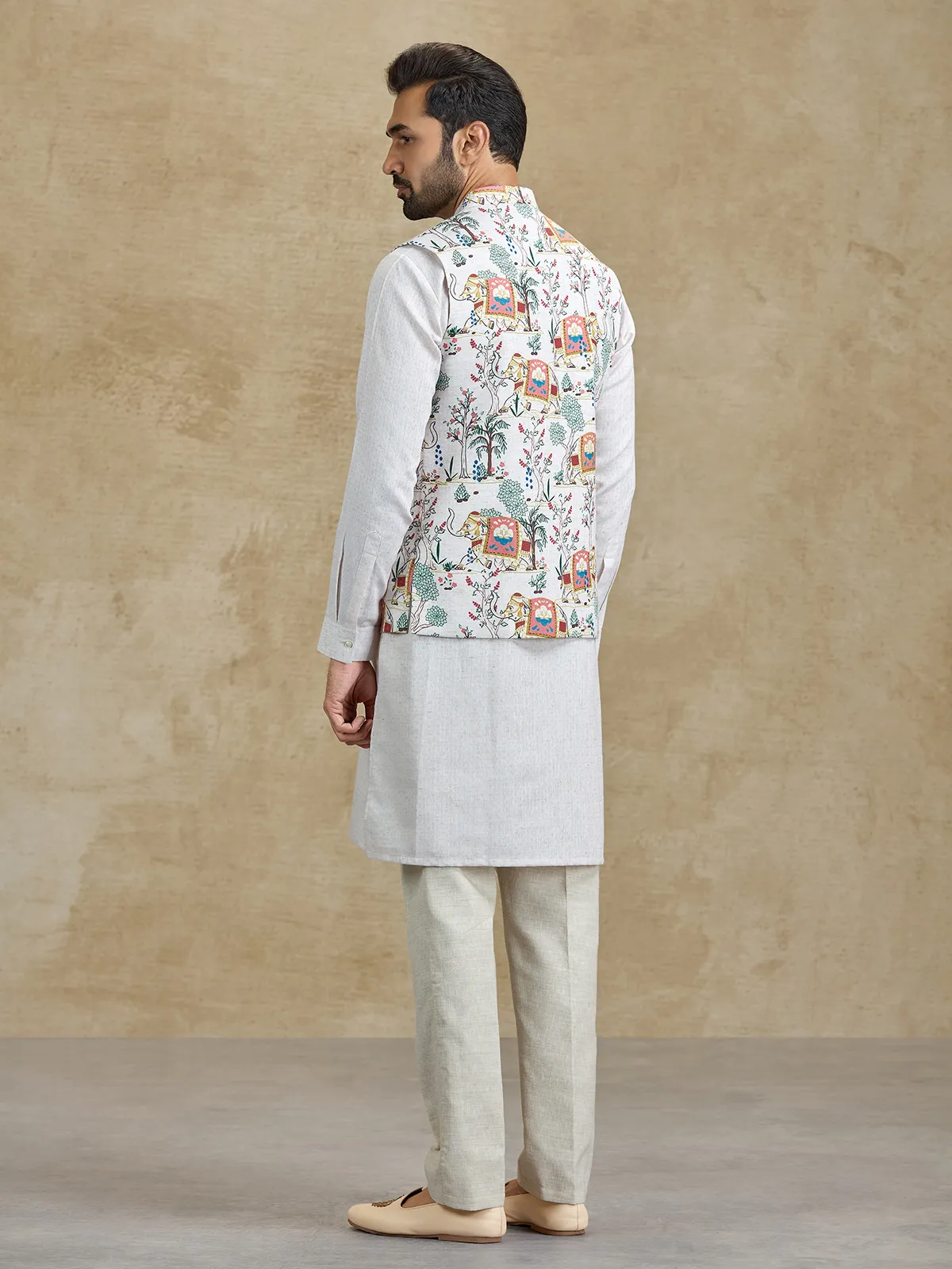 Cream printed silk waistcoat set festive ethnic wear