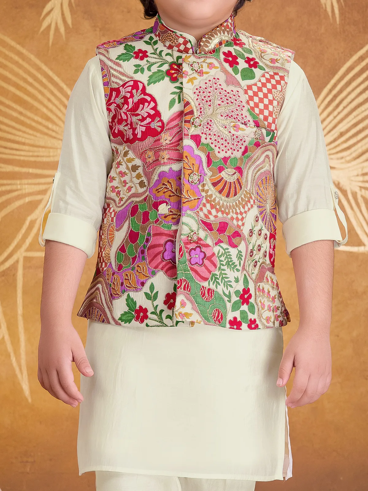 Cream printed silk waistcoat set with resham detailing