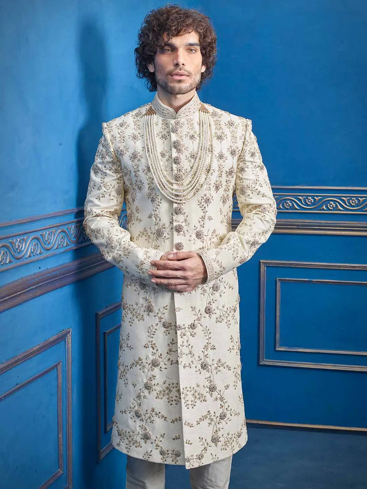 Cream raw silk groom sherwani