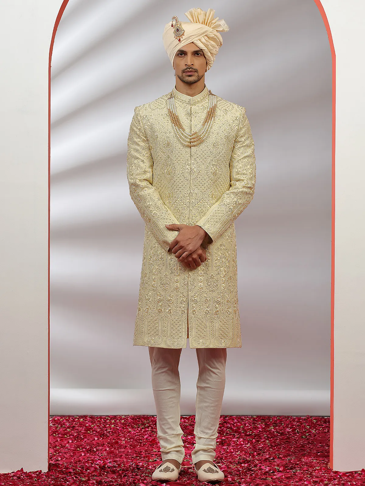 Cream raw silk groom wear men sherwani