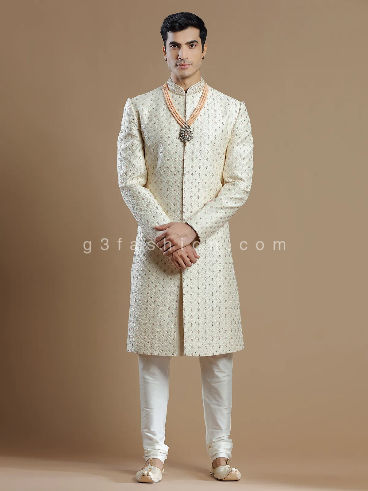 Cream raw silk men sherwani for groom wear